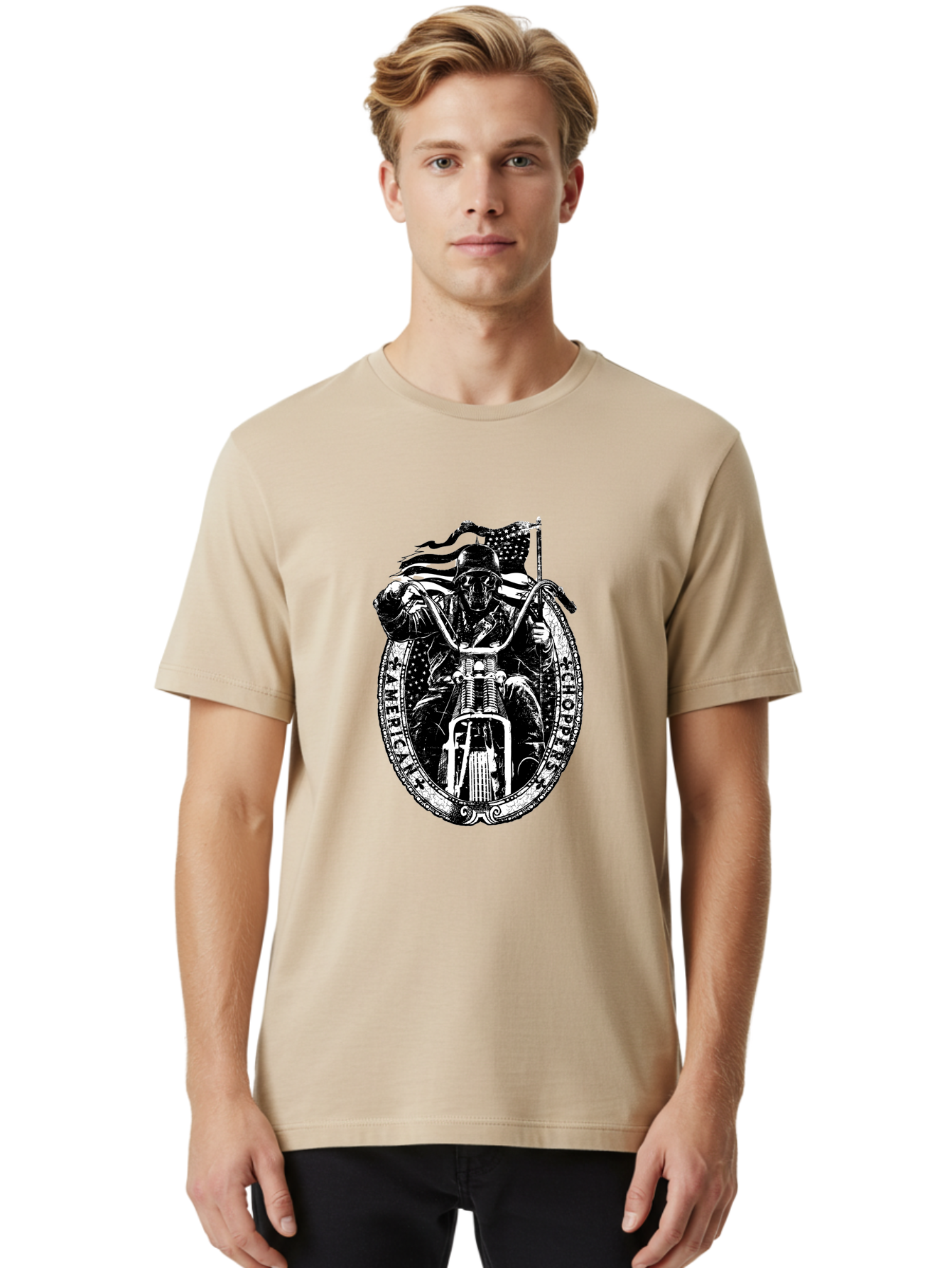 American-Chopper Men'S Graphic Tee, 100% Cotton, Comfortable Casual Summer Wear, Machine Washable, Motorcycle Culture, Biker Graphics, Patriotic Symbol, Chopper Bike, Skull Rider, American Flag, Bold Design, Black And White Illustration, Aab642 6