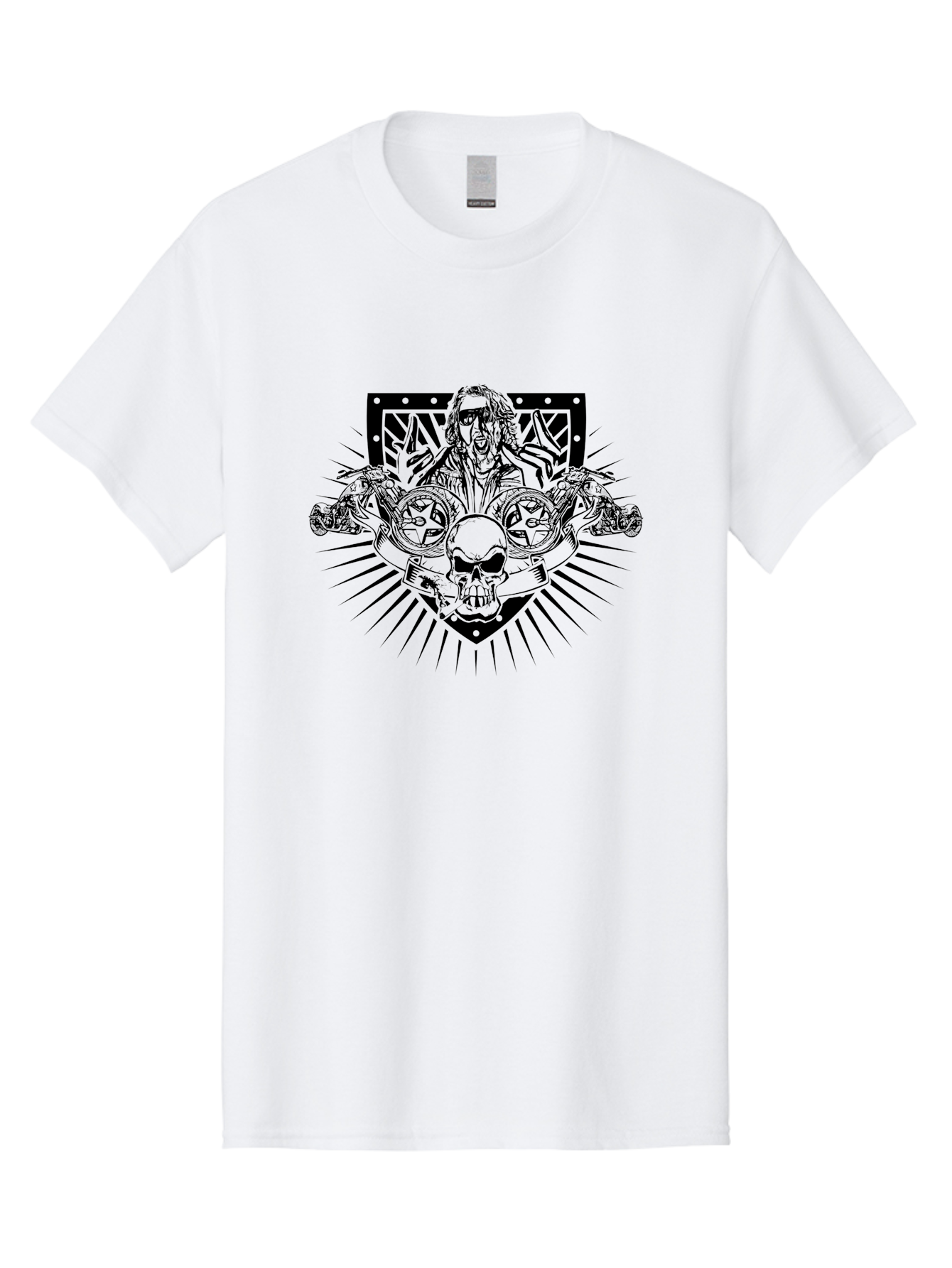 Biker-With-Skull Men'S Graphic Tee, 100% Cotton, Comfortable Casual Summer Wear, Machine Washable, Biker With Leather Jacket, Skull With Horns, Motorcycles, Rock And Roll Style, Biker Culture, Bold Illustration, Black And White Design, Aab643 21