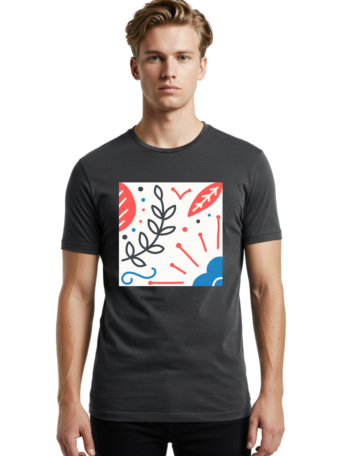 Abstract-Composition Men'S Graphic Tee, 100% Cotton, Comfortable Casual Summer Wear, Machine Washable, Abstract Floral Design, Minimalist Art, Red And Blue Accents, Simple Shapes, Creative Expression, Modern Aesthetic, Decorative Elements, Aab649 10