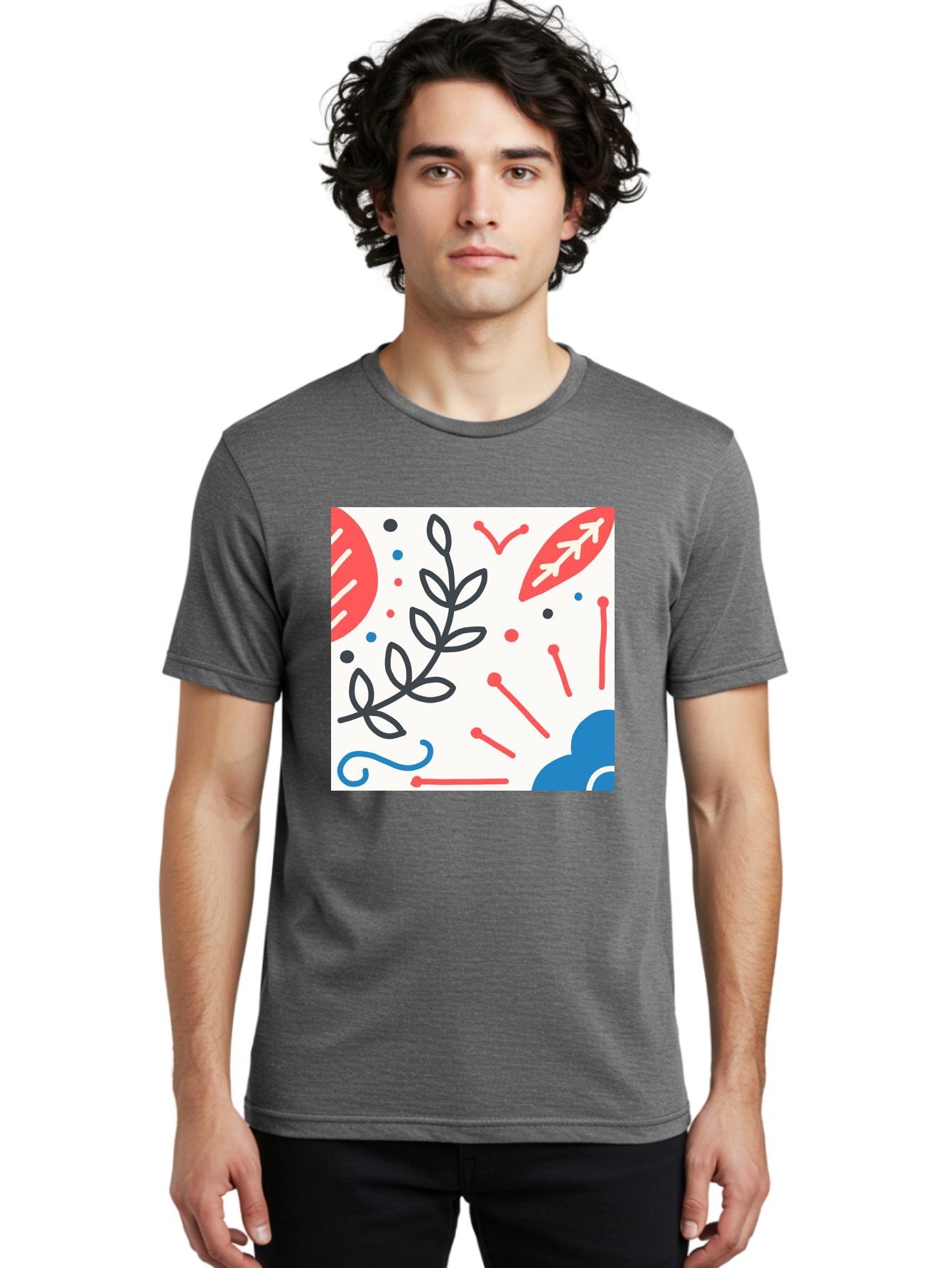 Abstract-Composition Men'S Graphic Tee, 100% Cotton, Comfortable Casual Summer Wear, Machine Washable, Abstract Floral Design, Minimalist Art, Red And Blue Accents, Simple Shapes, Creative Expression, Modern Aesthetic, Decorative Elements, Aab649 22
