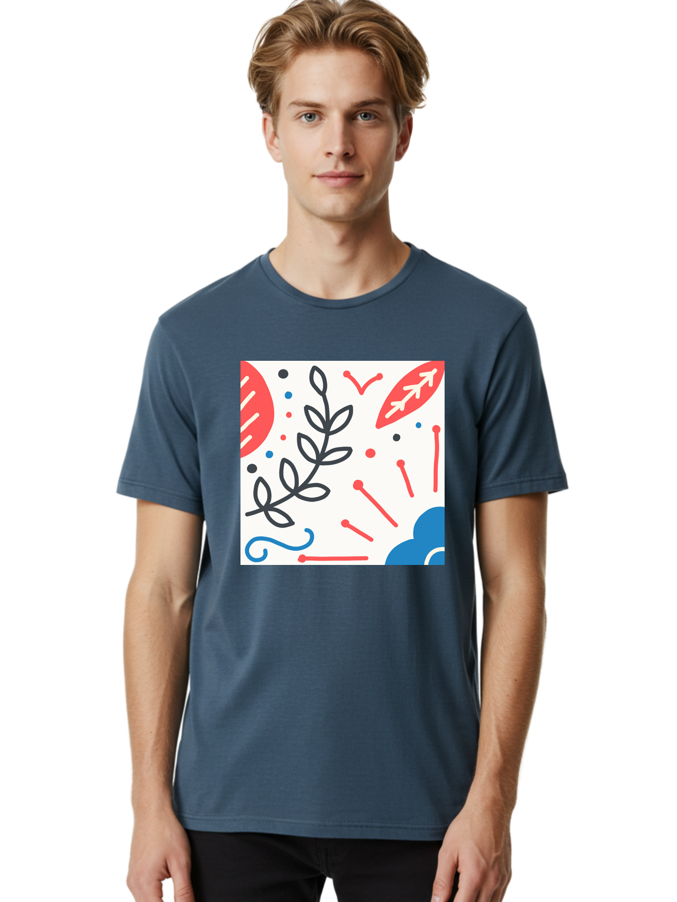 Abstract-Composition Men'S Graphic Tee, 100% Cotton, Comfortable Casual Summer Wear, Machine Washable, Abstract Floral Design, Minimalist Art, Red And Blue Accents, Simple Shapes, Creative Expression, Modern Aesthetic, Decorative Elements, Aab649 4