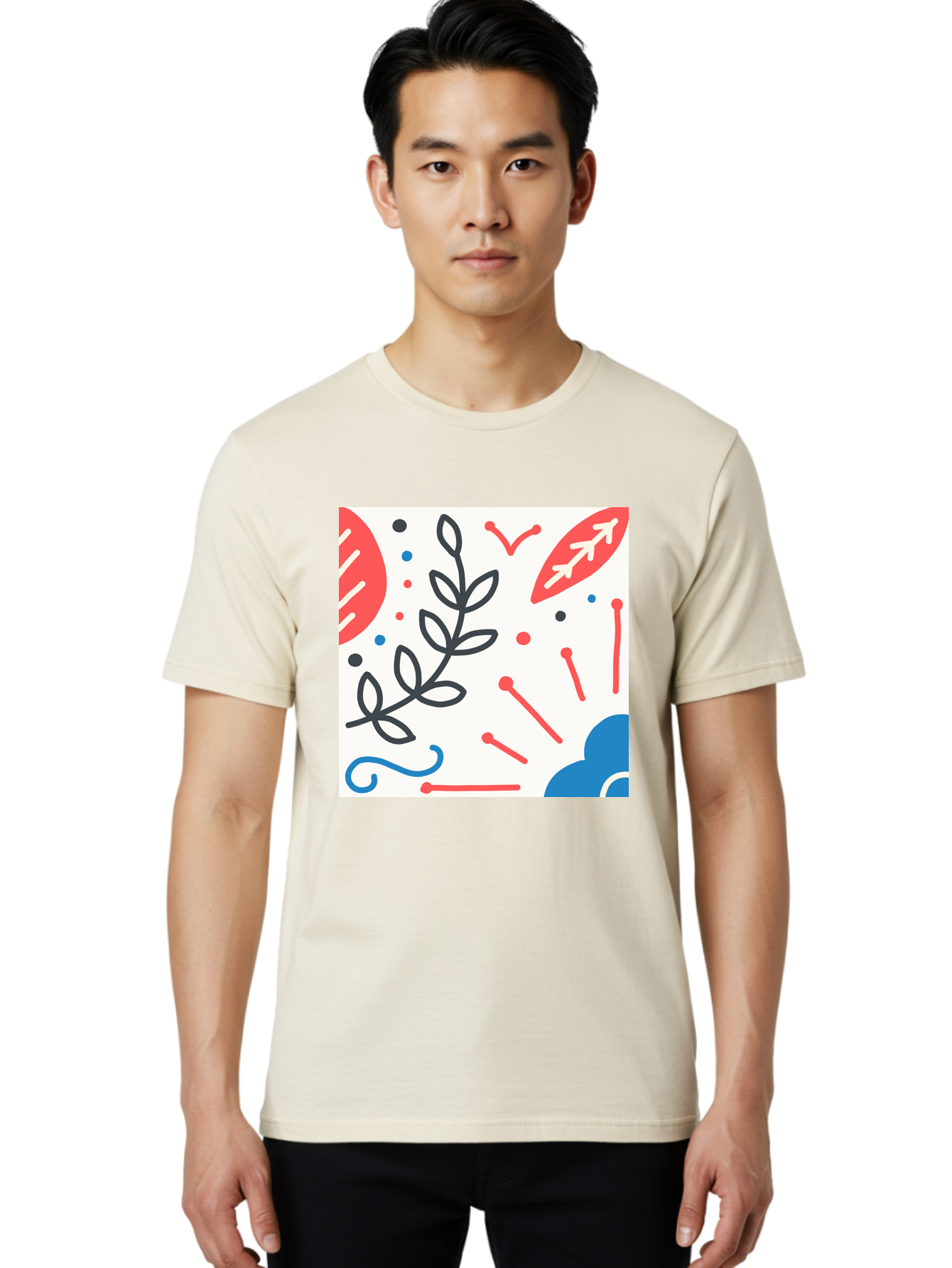 Abstract-Composition Men'S Graphic Tee, 100% Cotton, Comfortable Casual Summer Wear, Machine Washable, Abstract Floral Design, Minimalist Art, Red And Blue Accents, Simple Shapes, Creative Expression, Modern Aesthetic, Decorative Elements, Aab649 14