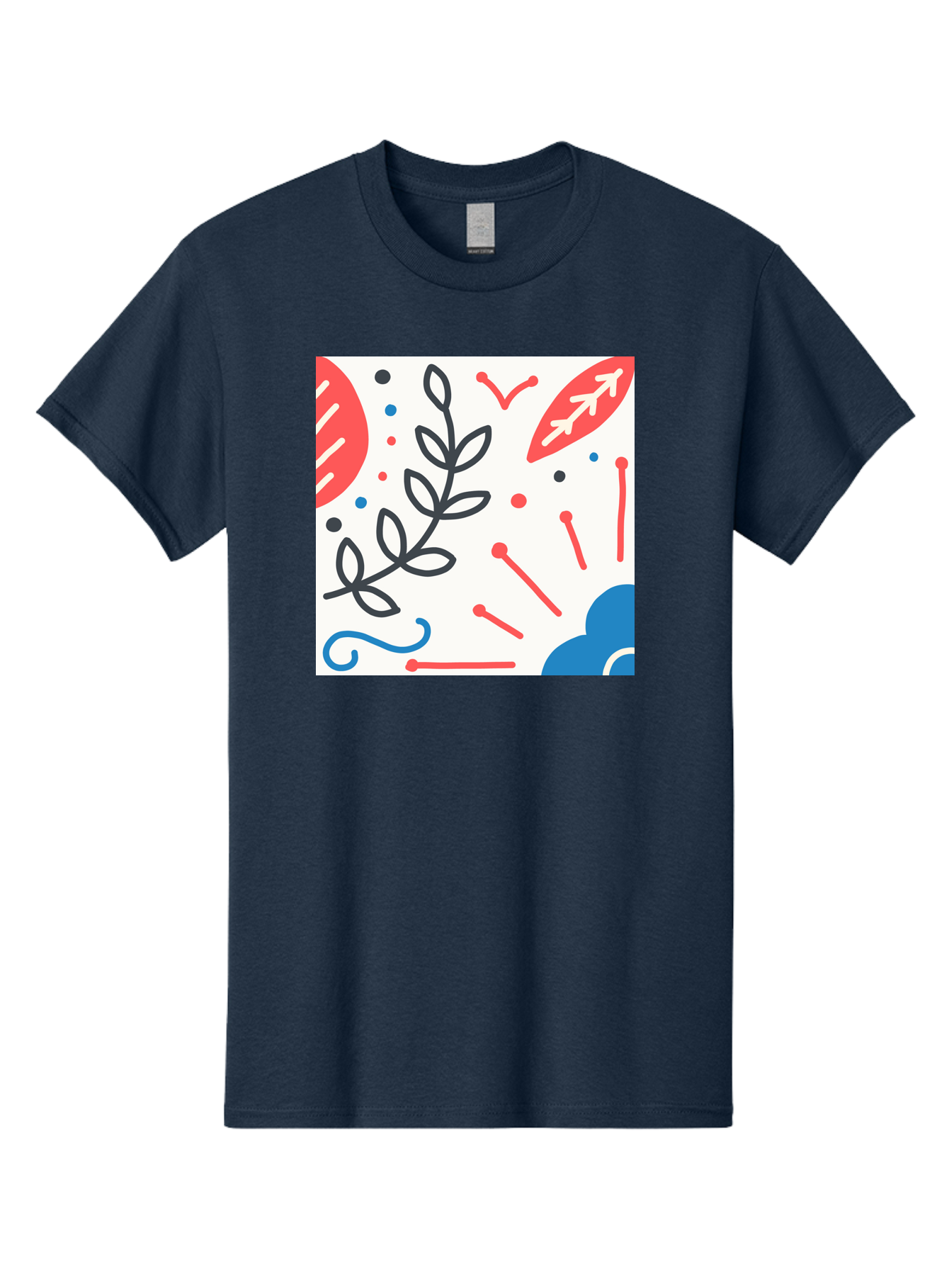 Abstract-Composition Men'S Graphic Tee, 100% Cotton, Comfortable Casual Summer Wear, Machine Washable, Abstract Floral Design, Minimalist Art, Red And Blue Accents, Simple Shapes, Creative Expression, Modern Aesthetic, Decorative Elements, Aab649 23