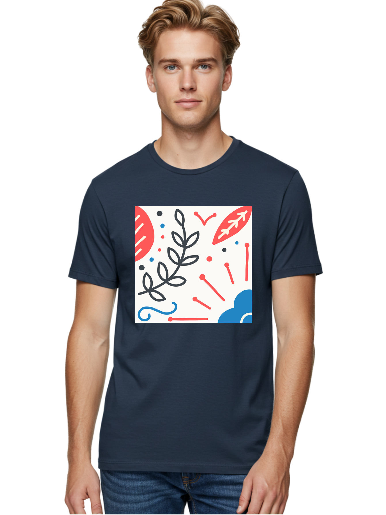 Abstract-Composition Men'S Graphic Tee, 100% Cotton, Comfortable Casual Summer Wear, Machine Washable, Abstract Floral Design, Minimalist Art, Red And Blue Accents, Simple Shapes, Creative Expression, Modern Aesthetic, Decorative Elements, Aab649 24