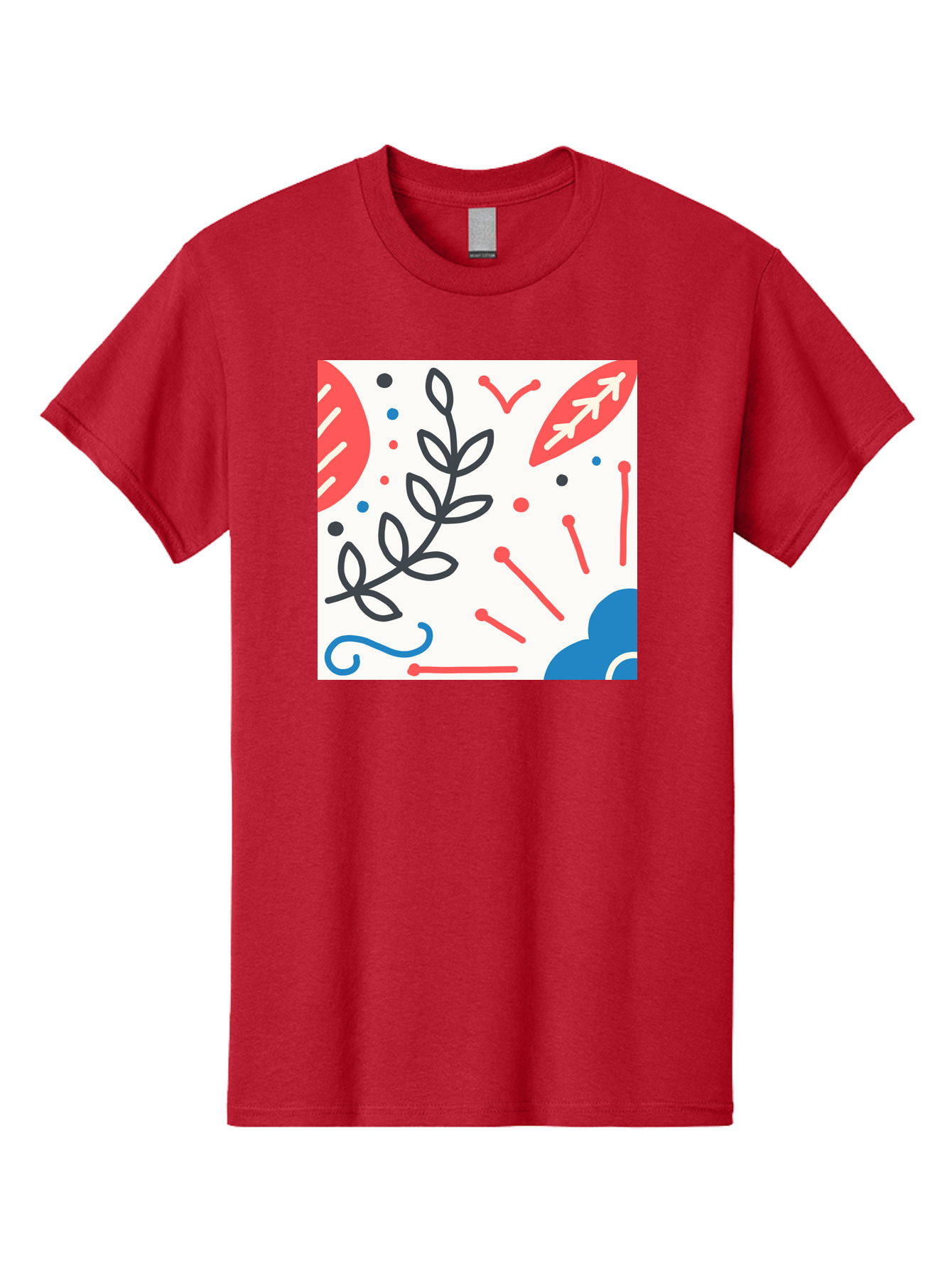 Abstract-Composition Men'S Graphic Tee, 100% Cotton, Comfortable Casual Summer Wear, Machine Washable, Abstract Floral Design, Minimalist Art, Red And Blue Accents, Simple Shapes, Creative Expression, Modern Aesthetic, Decorative Elements, Aab649 19