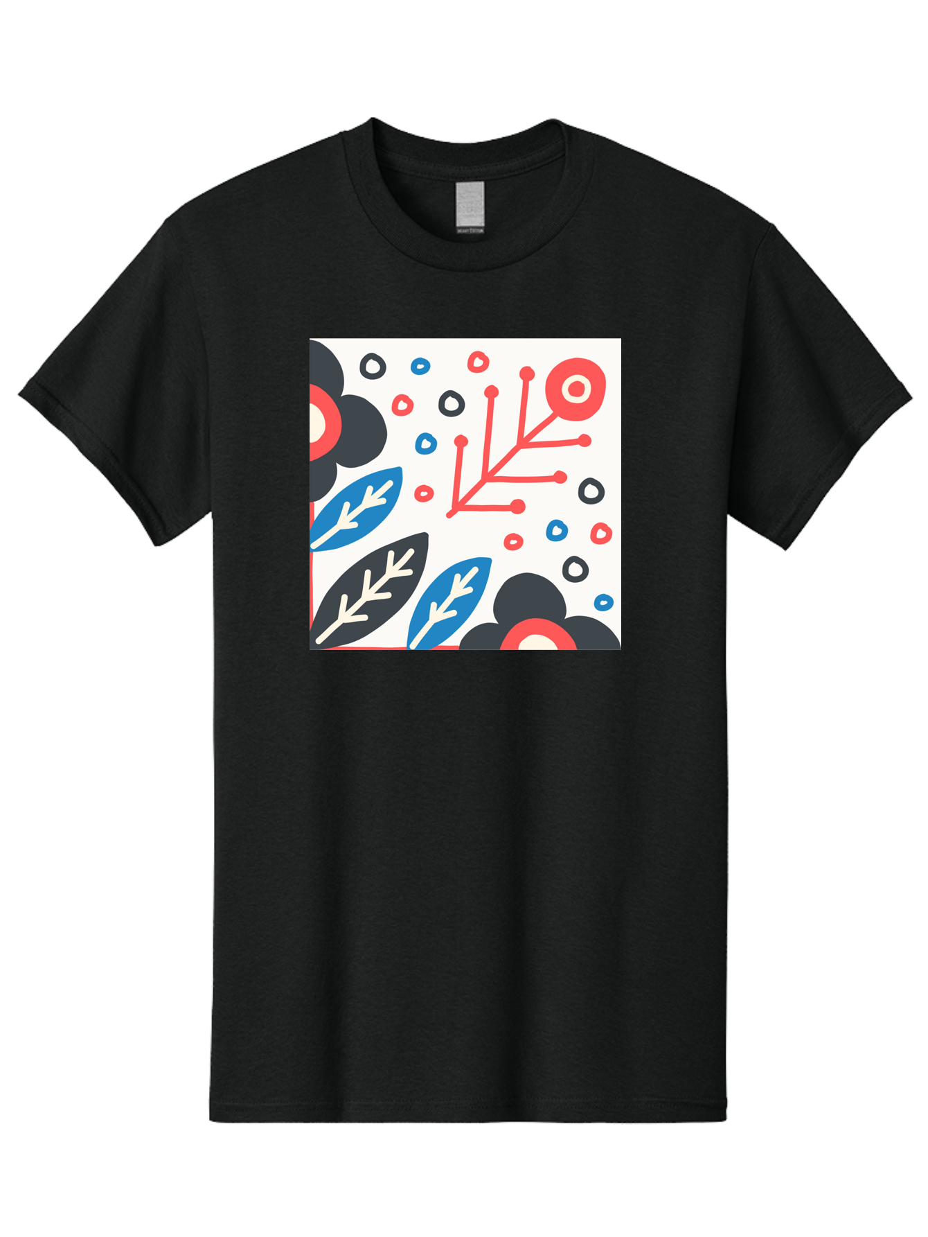 Abstract-Floral-Pattern Men'S Graphic Tee, 100% Cotton, Comfortable Casual Summer Wear, Machine Washable, Stylized Floral Pattern, Abstract Design, Red, Blue, Black, And White Hues, Leafy Elements, Circular Motifs, Modern Art, Graphic Design, Aab652 19