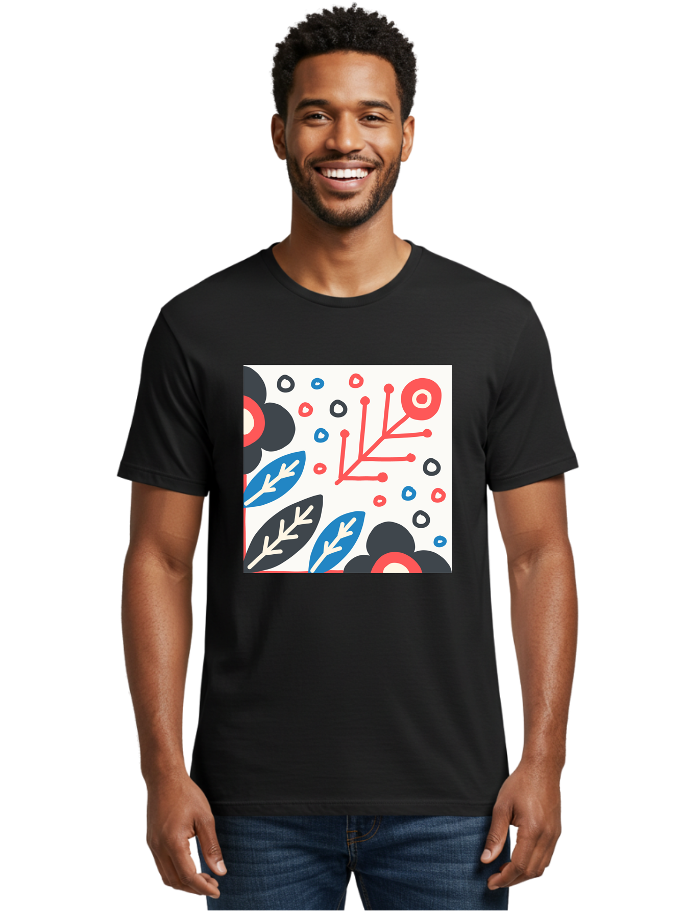 Abstract-Floral-Pattern Men'S Graphic Tee, 100% Cotton, Comfortable Casual Summer Wear, Machine Washable, Stylized Floral Pattern, Abstract Design, Red, Blue, Black, And White Hues, Leafy Elements, Circular Motifs, Modern Art, Graphic Design, Aab652 20