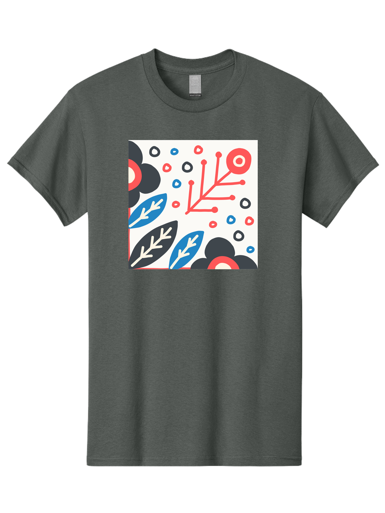 Abstract-Floral-Pattern Men'S Graphic Tee, 100% Cotton, Comfortable Casual Summer Wear, Machine Washable, Stylized Floral Pattern, Abstract Design, Red, Blue, Black, And White Hues, Leafy Elements, Circular Motifs, Modern Art, Graphic Design, Aab652 15