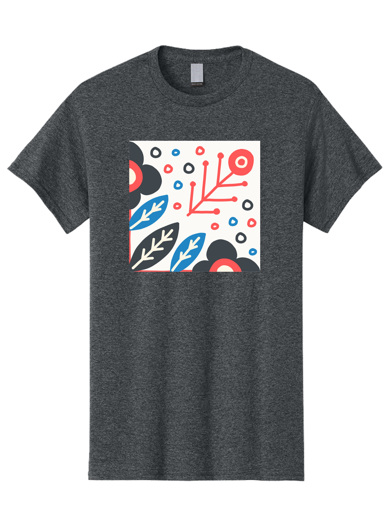 Abstract-Floral-Pattern Men'S Graphic Tee, 100% Cotton, Comfortable Casual Summer Wear, Machine Washable, Stylized Floral Pattern, Abstract Design, Red, Blue, Black, And White Hues, Leafy Elements, Circular Motifs, Modern Art, Graphic Design, Aab652 5