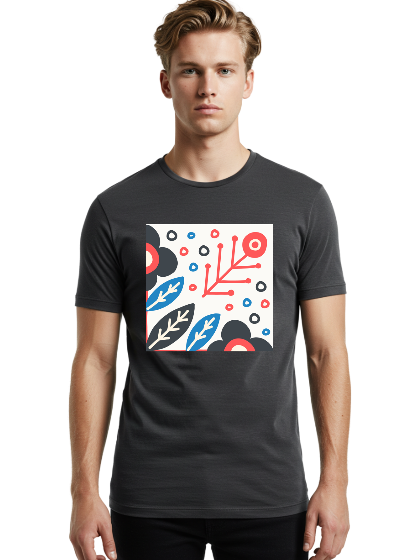 Abstract-Floral-Pattern Men'S Graphic Tee, 100% Cotton, Comfortable Casual Summer Wear, Machine Washable, Stylized Floral Pattern, Abstract Design, Red, Blue, Black, And White Hues, Leafy Elements, Circular Motifs, Modern Art, Graphic Design, Aab652 6