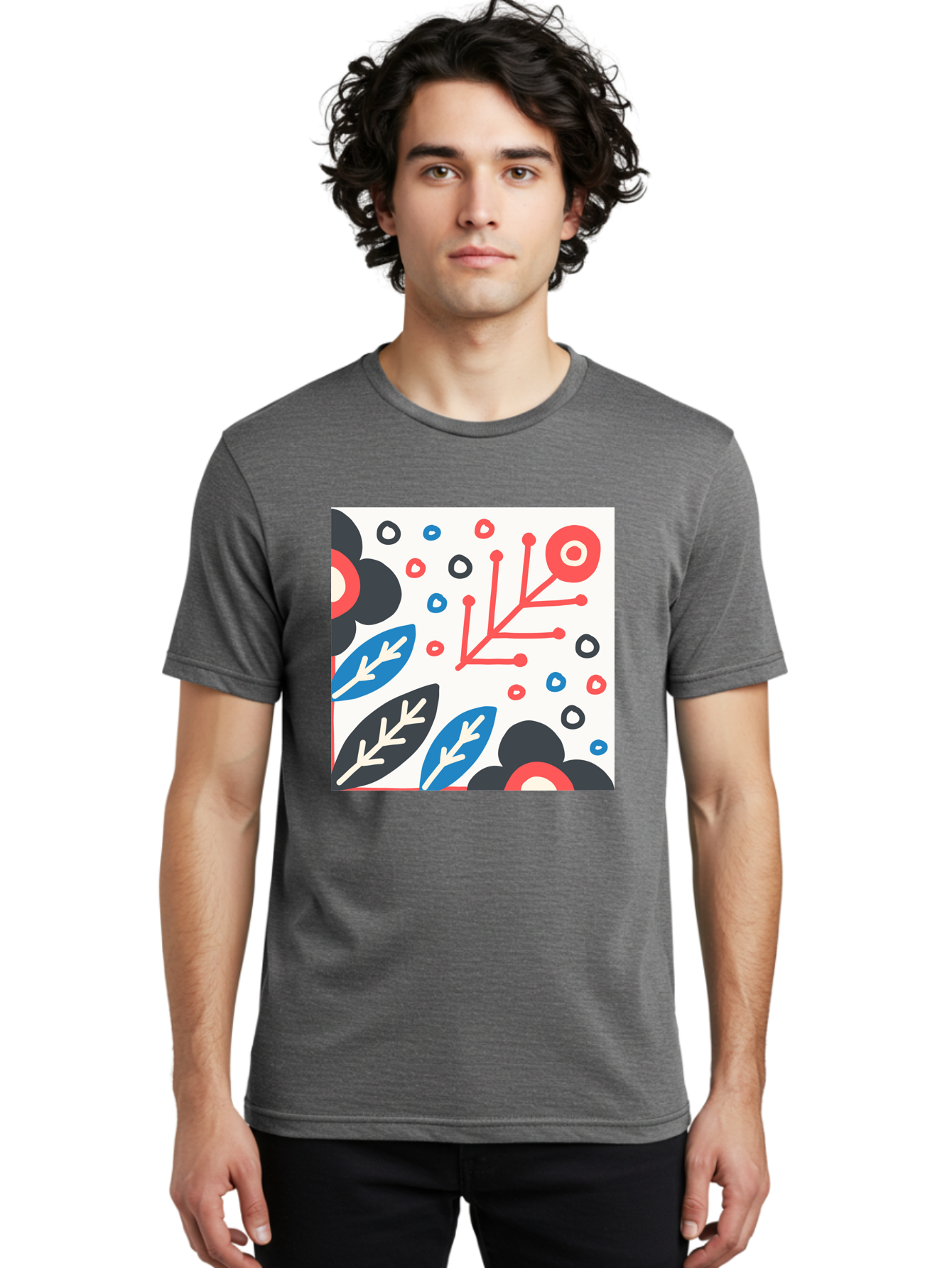 Abstract-Floral-Pattern Men'S Graphic Tee, 100% Cotton, Comfortable Casual Summer Wear, Machine Washable, Stylized Floral Pattern, Abstract Design, Red, Blue, Black, And White Hues, Leafy Elements, Circular Motifs, Modern Art, Graphic Design, Aab652 8