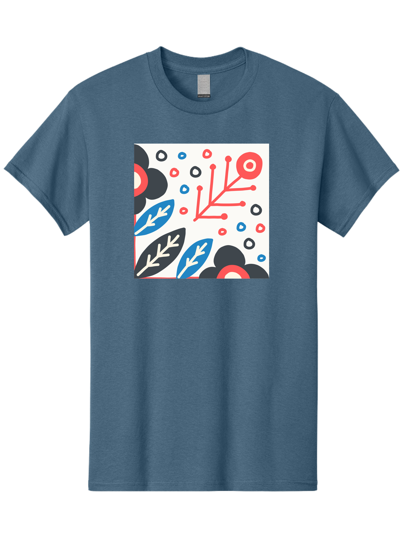 Abstract-Floral-Pattern Men'S Graphic Tee, 100% Cotton, Comfortable Casual Summer Wear, Machine Washable, Stylized Floral Pattern, Abstract Design, Red, Blue, Black, And White Hues, Leafy Elements, Circular Motifs, Modern Art, Graphic Design, Aab652 1