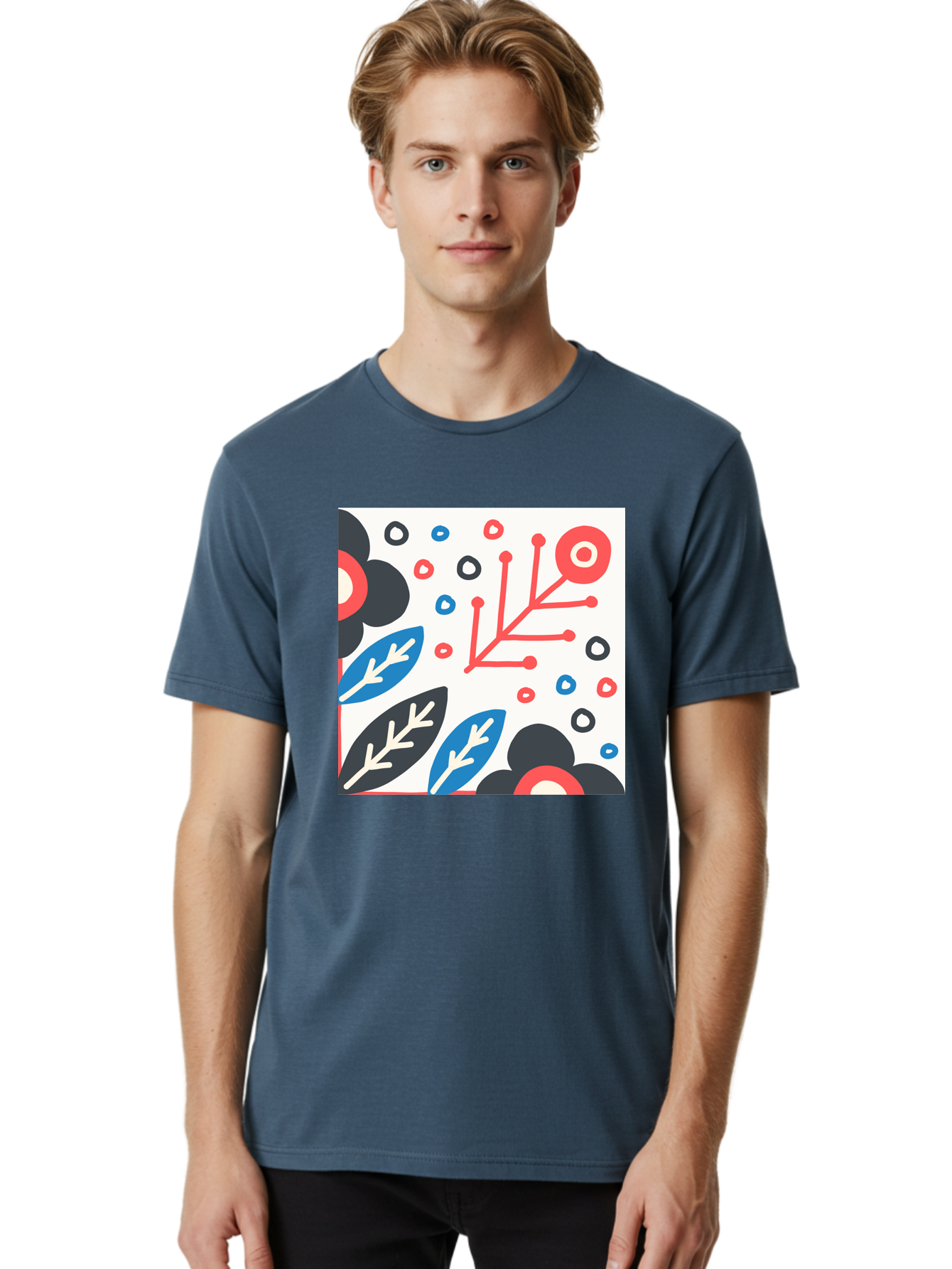 Abstract-Floral-Pattern Men'S Graphic Tee, 100% Cotton, Comfortable Casual Summer Wear, Machine Washable, Stylized Floral Pattern, Abstract Design, Red, Blue, Black, And White Hues, Leafy Elements, Circular Motifs, Modern Art, Graphic Design, Aab652 2