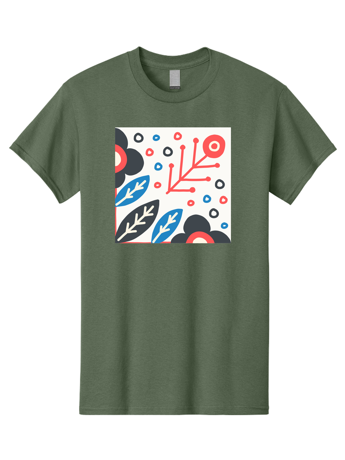 Abstract-Floral-Pattern Men'S Graphic Tee, 100% Cotton, Comfortable Casual Summer Wear, Machine Washable, Stylized Floral Pattern, Abstract Design, Red, Blue, Black, And White Hues, Leafy Elements, Circular Motifs, Modern Art, Graphic Design, Aab652 17