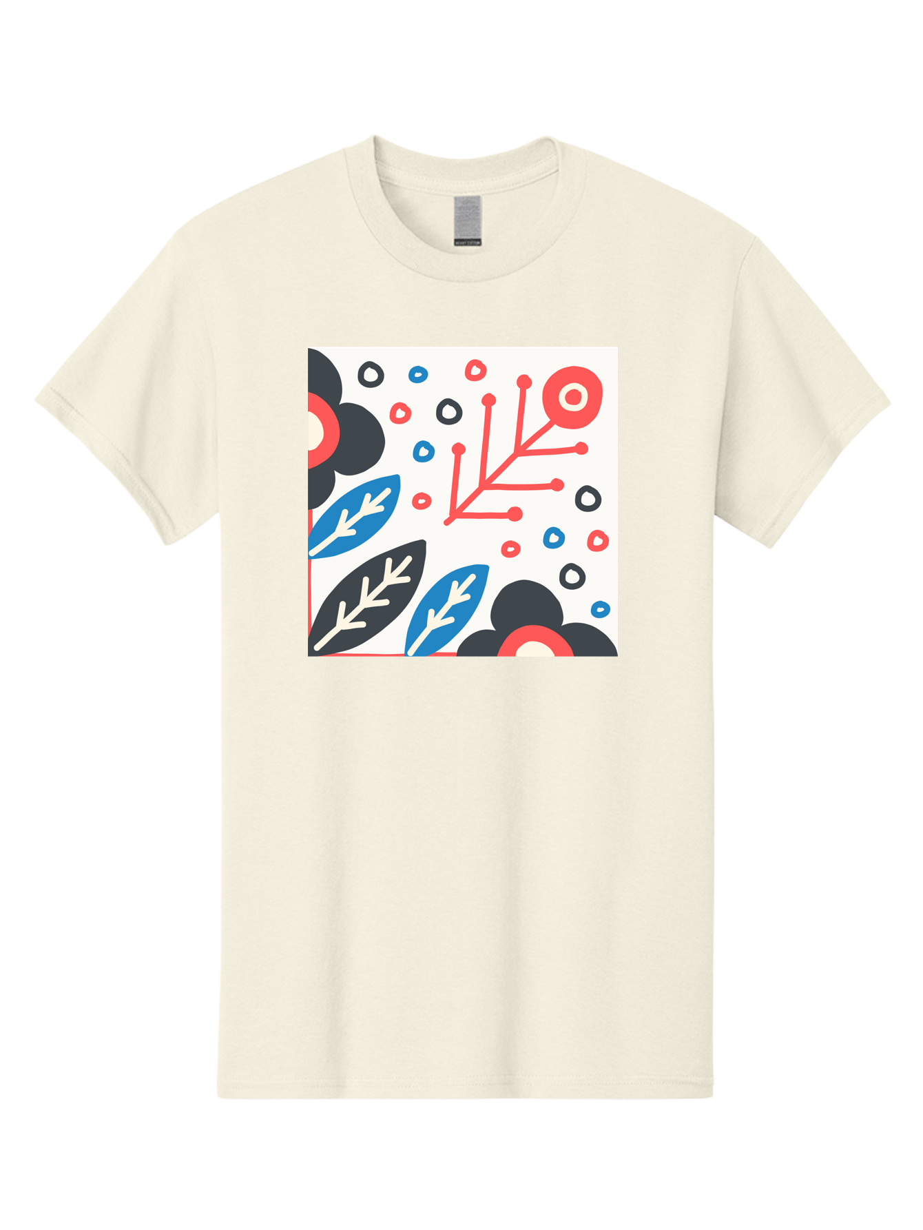 Abstract-Floral-Pattern Men'S Graphic Tee, 100% Cotton, Comfortable Casual Summer Wear, Machine Washable, Stylized Floral Pattern, Abstract Design, Red, Blue, Black, And White Hues, Leafy Elements, Circular Motifs, Modern Art, Graphic Design, Aab652 23