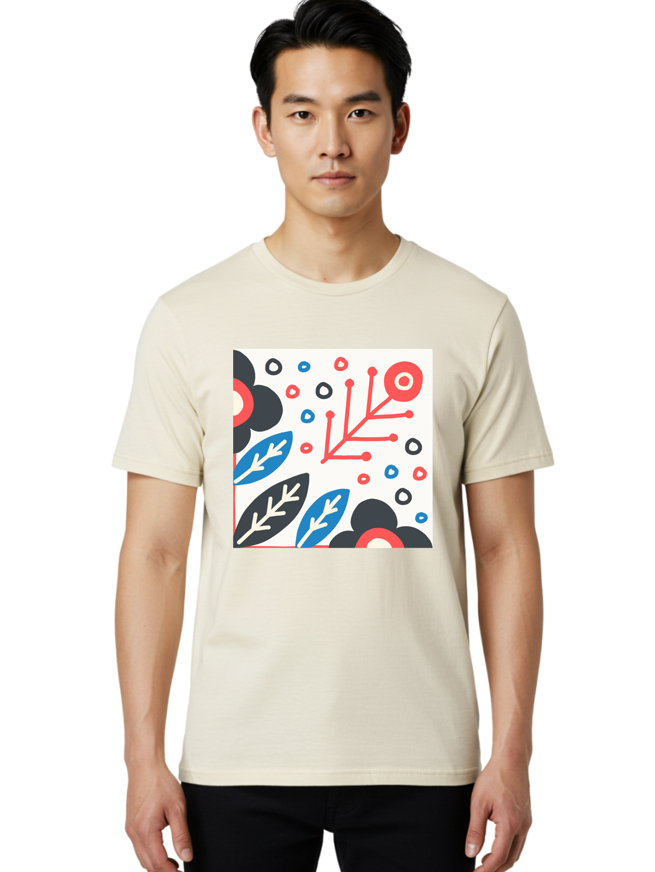 Abstract-Floral-Pattern Men'S Graphic Tee, 100% Cotton, Comfortable Casual Summer Wear, Machine Washable, Stylized Floral Pattern, Abstract Design, Red, Blue, Black, And White Hues, Leafy Elements, Circular Motifs, Modern Art, Graphic Design, Aab652 24