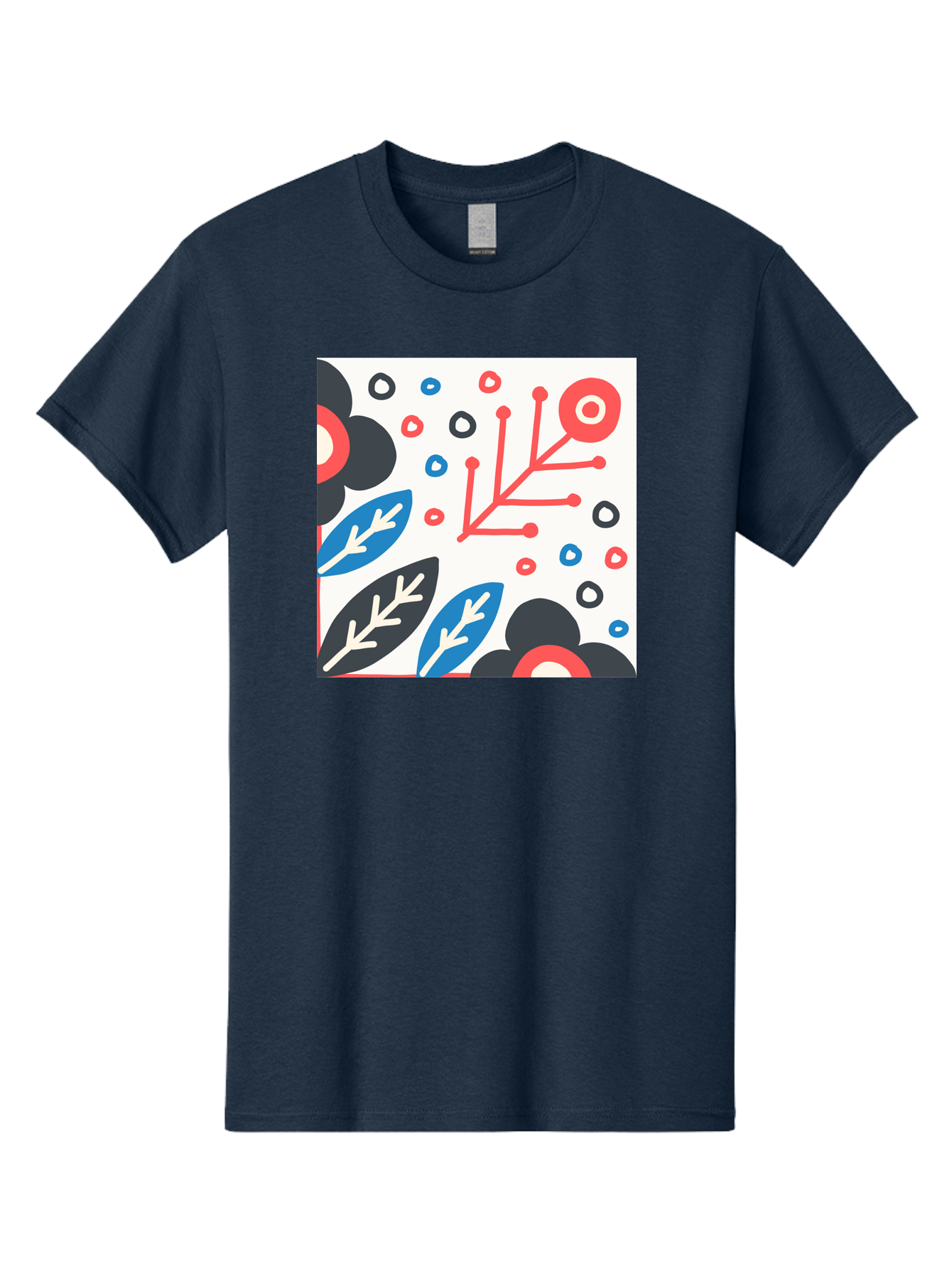 Abstract-Floral-Pattern Men'S Graphic Tee, 100% Cotton, Comfortable Casual Summer Wear, Machine Washable, Stylized Floral Pattern, Abstract Design, Red, Blue, Black, And White Hues, Leafy Elements, Circular Motifs, Modern Art, Graphic Design, Aab652 29