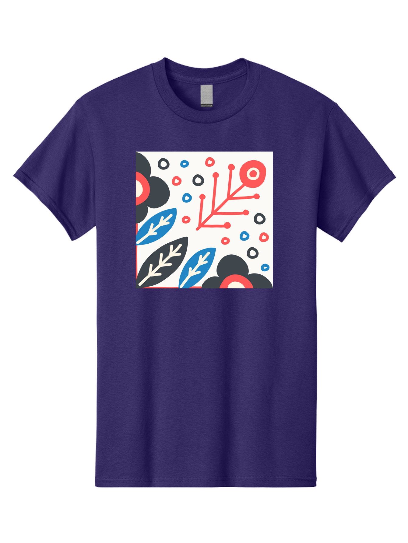 Abstract-Floral-Pattern Men'S Graphic Tee, 100% Cotton, Comfortable Casual Summer Wear, Machine Washable, Stylized Floral Pattern, Abstract Design, Red, Blue, Black, And White Hues, Leafy Elements, Circular Motifs, Modern Art, Graphic Design, Aab652 11