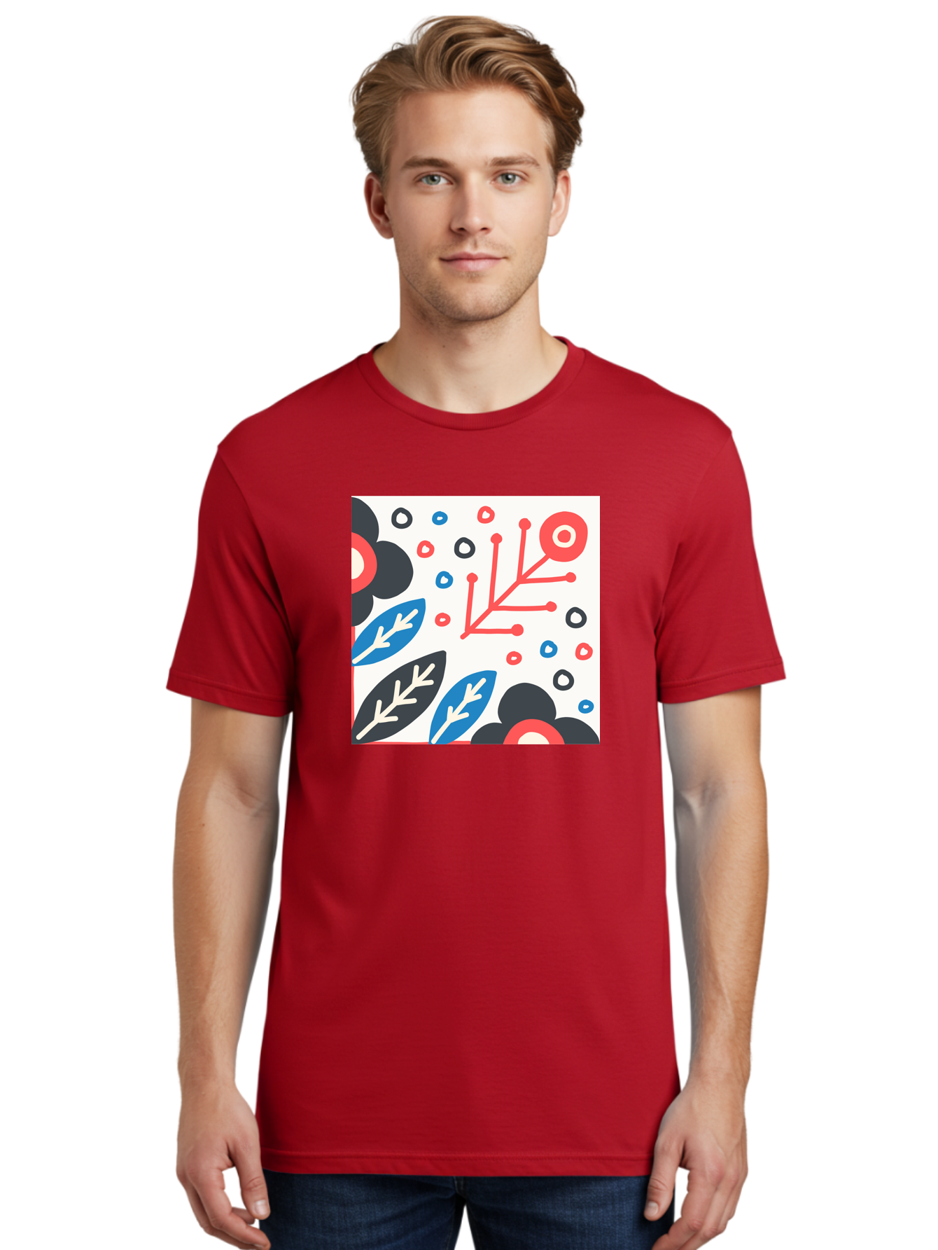 Abstract-Floral-Pattern Men'S Graphic Tee, 100% Cotton, Comfortable Casual Summer Wear, Machine Washable, Stylized Floral Pattern, Abstract Design, Red, Blue, Black, And White Hues, Leafy Elements, Circular Motifs, Modern Art, Graphic Design, Aab652 14