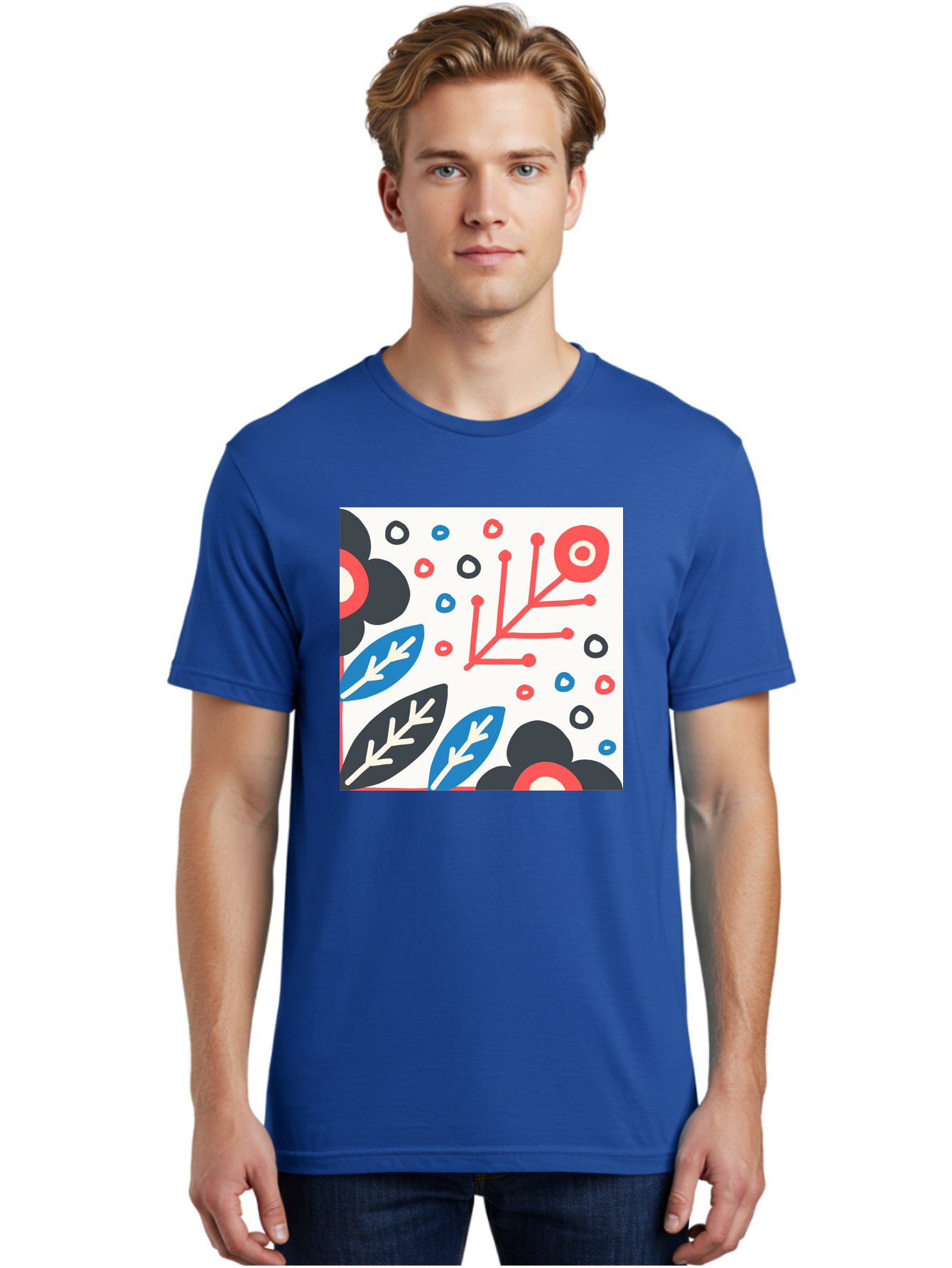 Abstract-Floral-Pattern Men'S Graphic Tee, 100% Cotton, Comfortable Casual Summer Wear, Machine Washable, Stylized Floral Pattern, Abstract Design, Red, Blue, Black, And White Hues, Leafy Elements, Circular Motifs, Modern Art, Graphic Design, Aab652 22