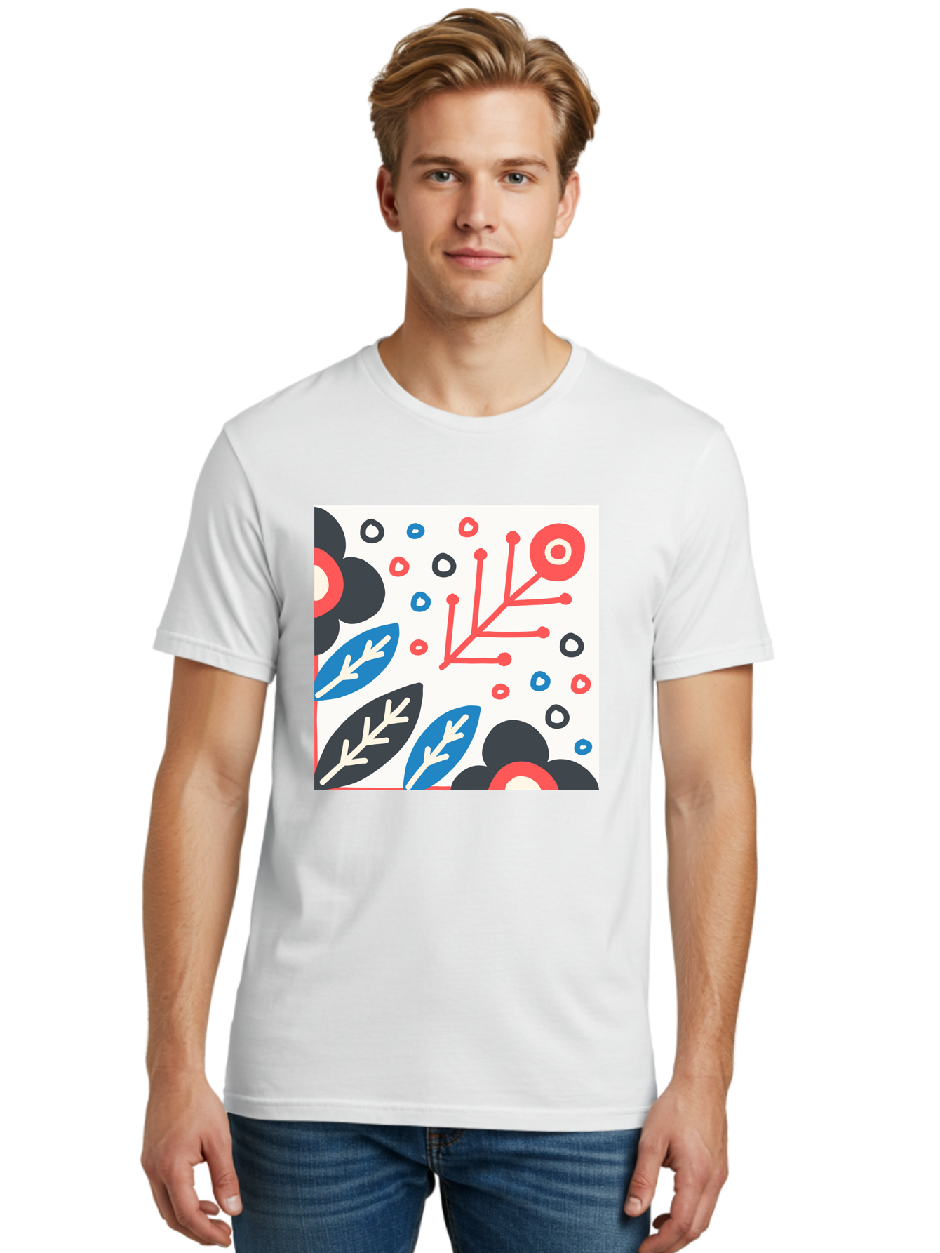 Abstract-Floral-Pattern Men'S Graphic Tee, 100% Cotton, Comfortable Casual Summer Wear, Machine Washable, Stylized Floral Pattern, Abstract Design, Red, Blue, Black, And White Hues, Leafy Elements, Circular Motifs, Modern Art, Graphic Design, Aab652 28