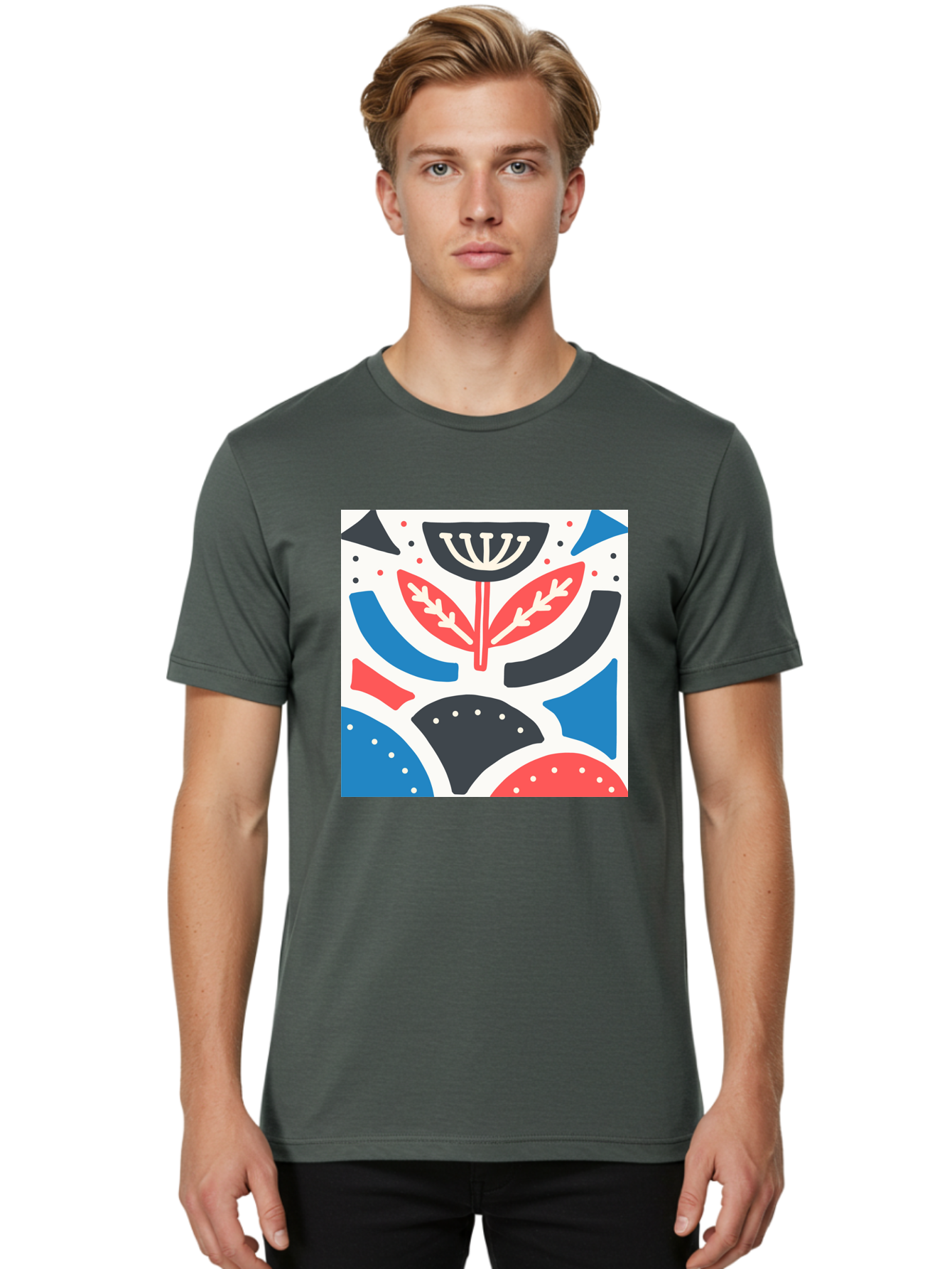 Abstract-Flower-1 Men'S Graphic Tee, 100% Cotton, Comfortable Casual Summer Wear, Machine Washable, Stylized Flower, Abstract Shapes, Red And Blue Hues, Black And White Accents, Modern Art, Graphic Design, Artistic Expression, Aab653 22