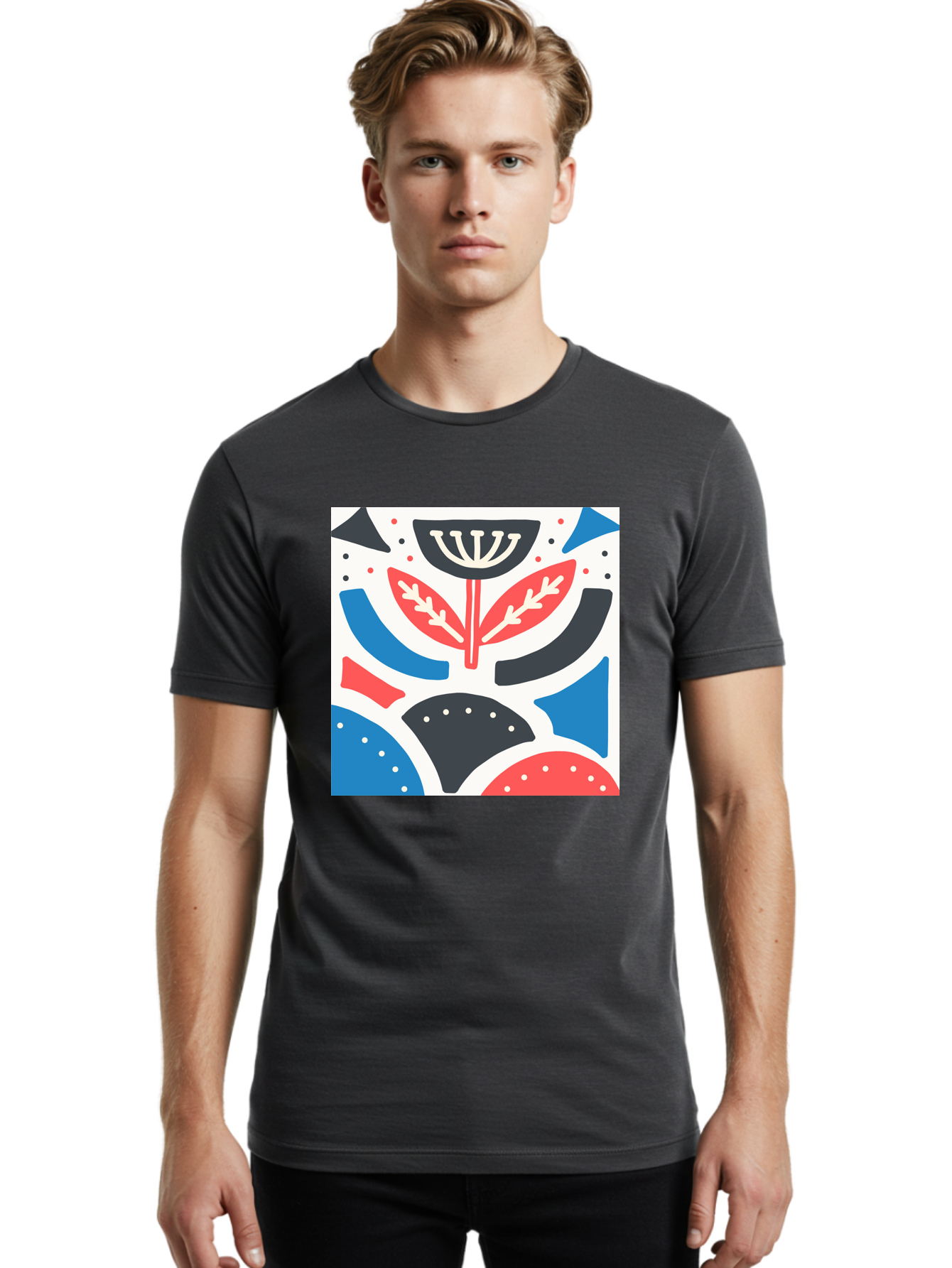 Abstract-Flower-1 Men'S Graphic Tee, 100% Cotton, Comfortable Casual Summer Wear, Machine Washable, Stylized Flower, Abstract Shapes, Red And Blue Hues, Black And White Accents, Modern Art, Graphic Design, Artistic Expression, Aab653 14