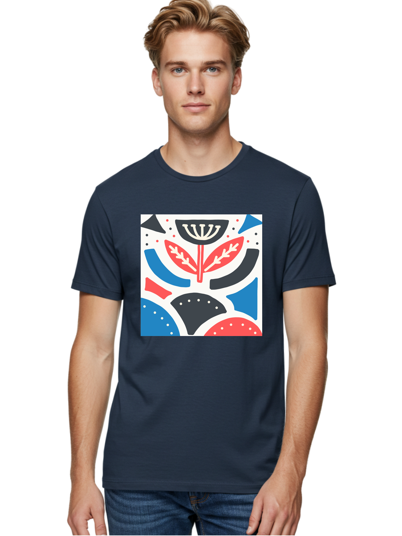 Abstract-Flower-1 Men'S Graphic Tee, 100% Cotton, Comfortable Casual Summer Wear, Machine Washable, Stylized Flower, Abstract Shapes, Red And Blue Hues, Black And White Accents, Modern Art, Graphic Design, Artistic Expression, Aab653 18