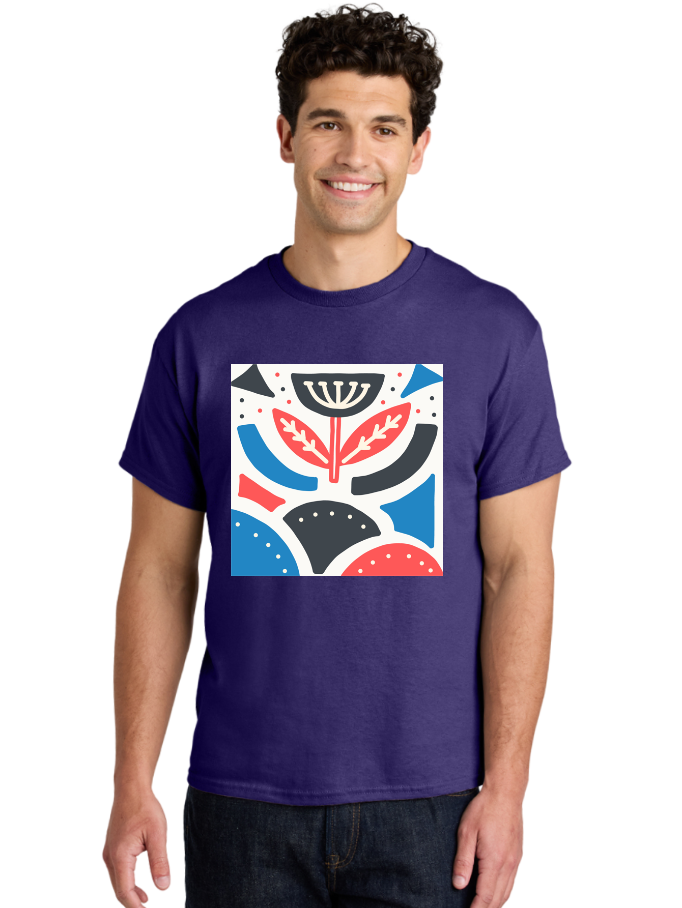 Abstract-Flower-1 Men'S Graphic Tee, 100% Cotton, Comfortable Casual Summer Wear, Machine Washable, Stylized Flower, Abstract Shapes, Red And Blue Hues, Black And White Accents, Modern Art, Graphic Design, Artistic Expression, Aab653 4