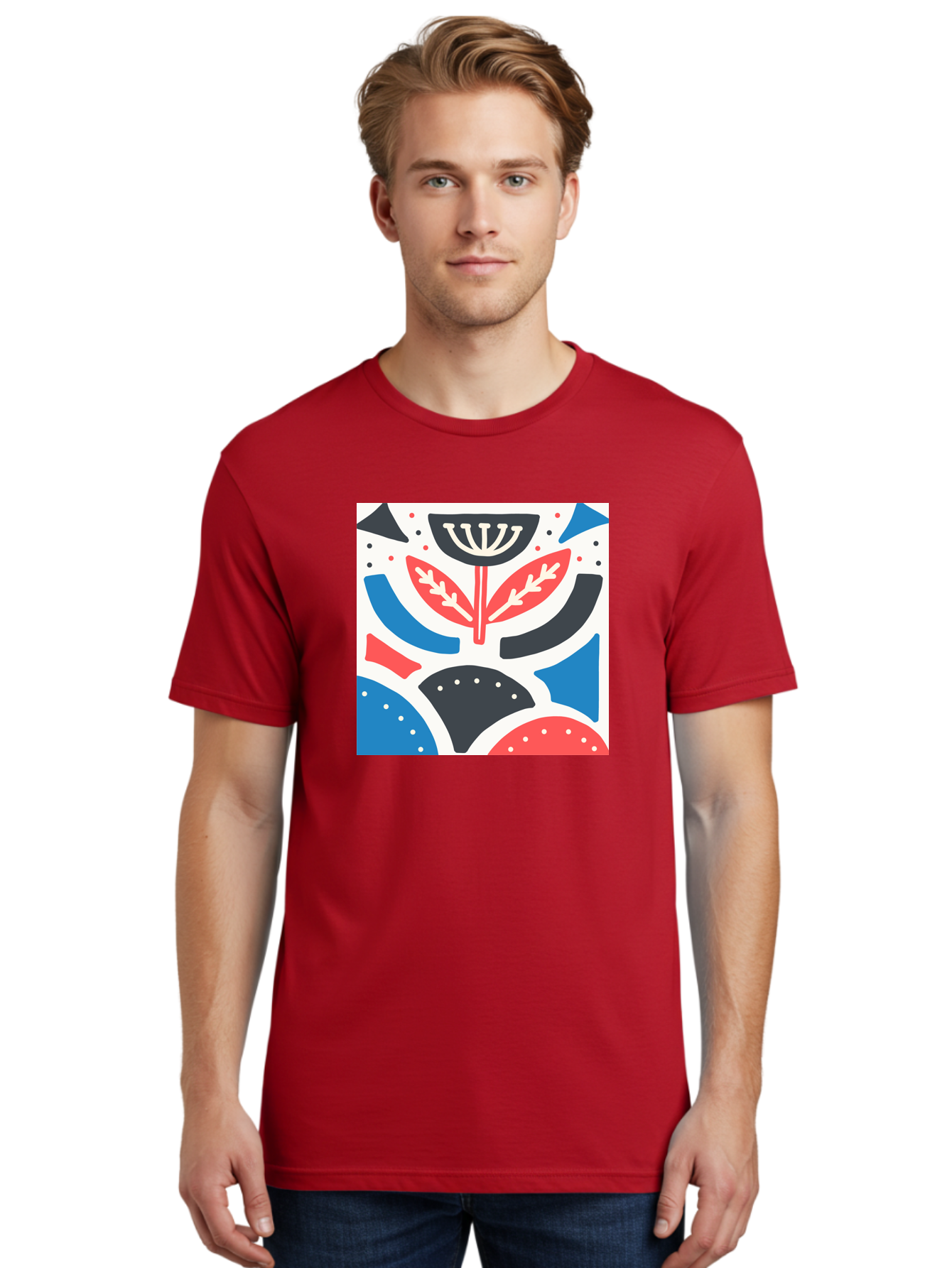 Abstract-Flower-1 Men'S Graphic Tee, 100% Cotton, Comfortable Casual Summer Wear, Machine Washable, Stylized Flower, Abstract Shapes, Red And Blue Hues, Black And White Accents, Modern Art, Graphic Design, Artistic Expression, Aab653 30