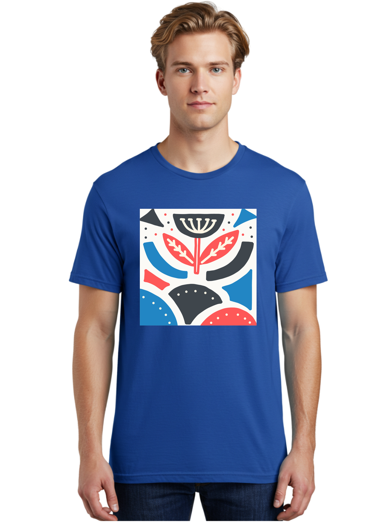 Abstract-Flower-1 Men'S Graphic Tee, 100% Cotton, Comfortable Casual Summer Wear, Machine Washable, Stylized Flower, Abstract Shapes, Red And Blue Hues, Black And White Accents, Modern Art, Graphic Design, Artistic Expression, Aab653 24