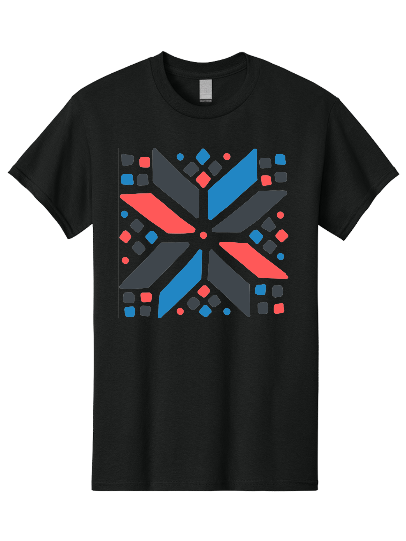 Abstract-Geometric-Pattern Men'S Graphic Tee, 100% Cotton, Comfortable Casual Summer Wear, Machine Washable, Geometric Shapes, Symmetrical Design, Abstract Art, Vibrant Colors, Red, Blue, Black, Bold Graphics, Modern Design, Dynamic Pattern, Aab655 19