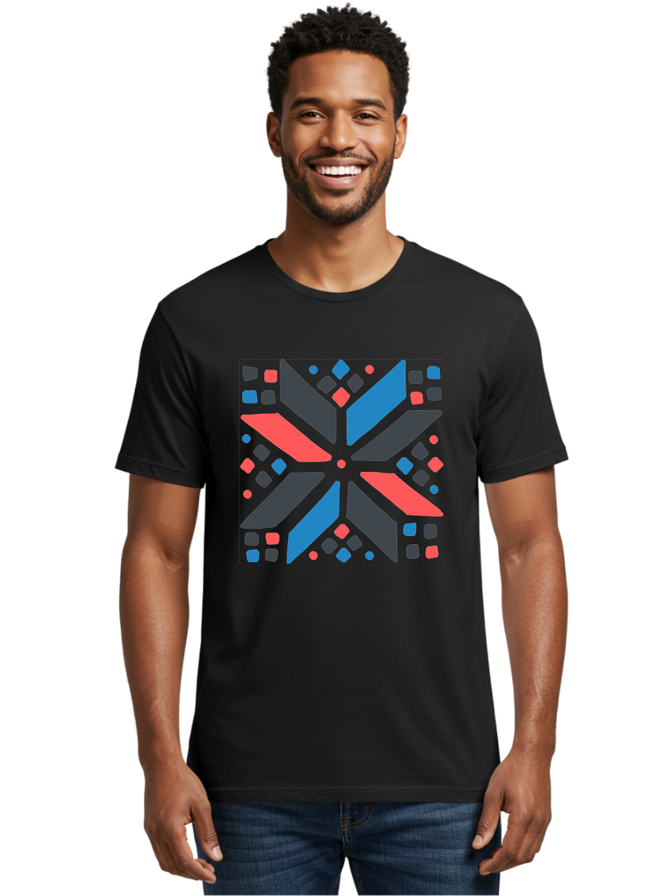 Abstract-Geometric-Pattern Men'S Graphic Tee, 100% Cotton, Comfortable Casual Summer Wear, Machine Washable, Geometric Shapes, Symmetrical Design, Abstract Art, Vibrant Colors, Red, Blue, Black, Bold Graphics, Modern Design, Dynamic Pattern, Aab655 20
