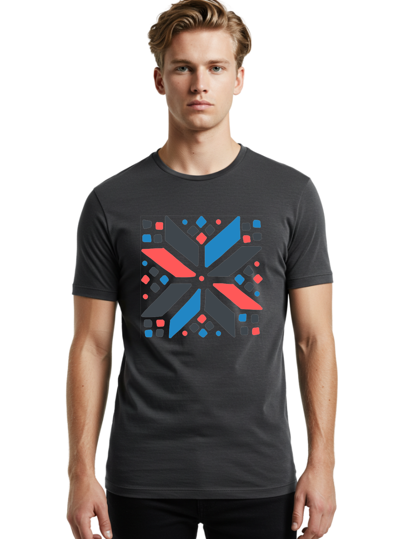 Abstract-Geometric-Pattern Men'S Graphic Tee, 100% Cotton, Comfortable Casual Summer Wear, Machine Washable, Geometric Shapes, Symmetrical Design, Abstract Art, Vibrant Colors, Red, Blue, Black, Bold Graphics, Modern Design, Dynamic Pattern, Aab655 18