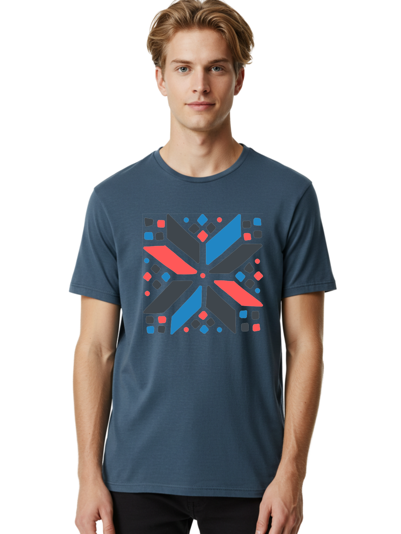 Abstract-Geometric-Pattern Men'S Graphic Tee, 100% Cotton, Comfortable Casual Summer Wear, Machine Washable, Geometric Shapes, Symmetrical Design, Abstract Art, Vibrant Colors, Red, Blue, Black, Bold Graphics, Modern Design, Dynamic Pattern, Aab655 24