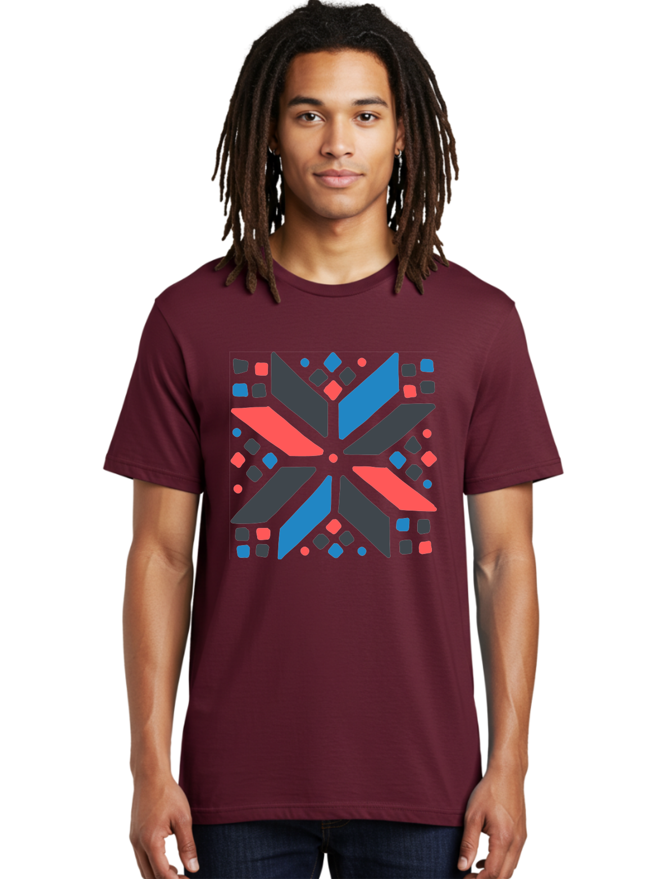 Abstract-Geometric-Pattern Men'S Graphic Tee, 100% Cotton, Comfortable Casual Summer Wear, Machine Washable, Geometric Shapes, Symmetrical Design, Abstract Art, Vibrant Colors, Red, Blue, Black, Bold Graphics, Modern Design, Dynamic Pattern, Aab655 26