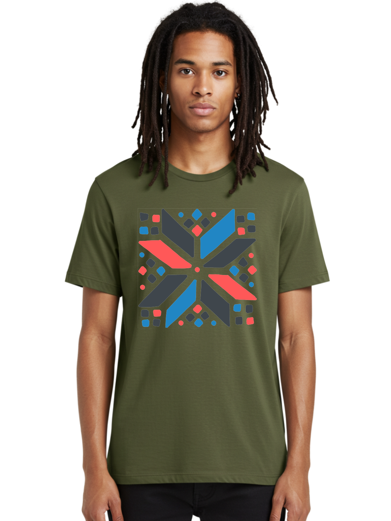 Abstract-Geometric-Pattern Men'S Graphic Tee, 100% Cotton, Comfortable Casual Summer Wear, Machine Washable, Geometric Shapes, Symmetrical Design, Abstract Art, Vibrant Colors, Red, Blue, Black, Bold Graphics, Modern Design, Dynamic Pattern, Aab655 12