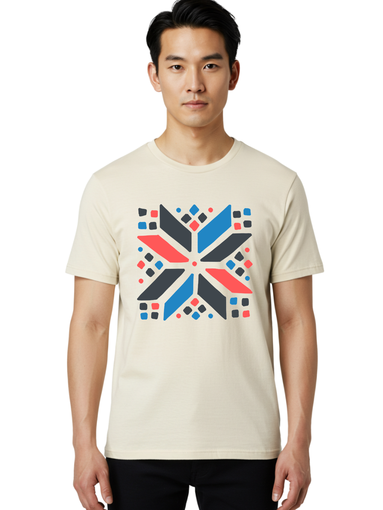 Abstract-Geometric-Pattern Men'S Graphic Tee, 100% Cotton, Comfortable Casual Summer Wear, Machine Washable, Geometric Shapes, Symmetrical Design, Abstract Art, Vibrant Colors, Red, Blue, Black, Bold Graphics, Modern Design, Dynamic Pattern, Aab655 8