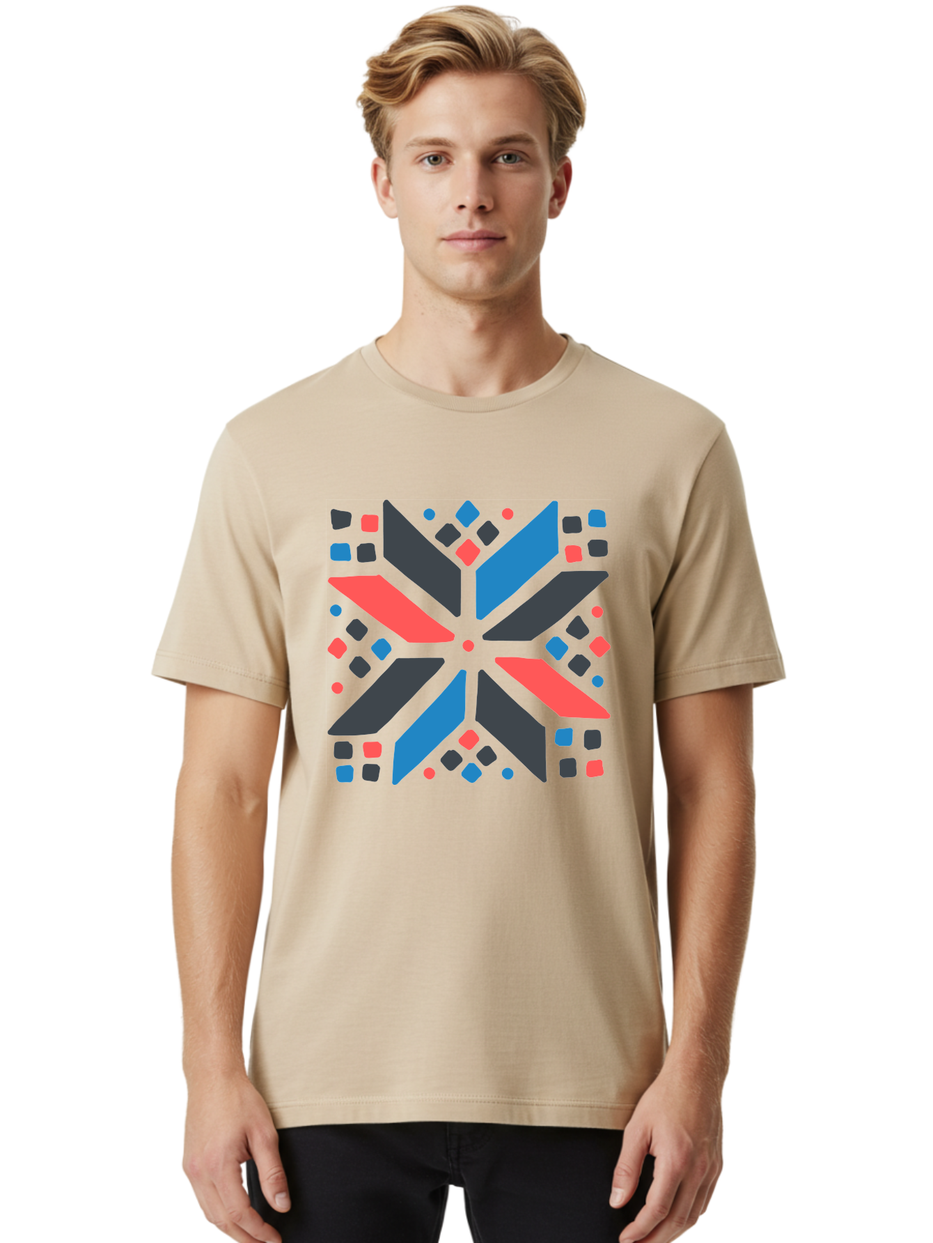 Abstract-Geometric-Pattern Men'S Graphic Tee, 100% Cotton, Comfortable Casual Summer Wear, Machine Washable, Geometric Shapes, Symmetrical Design, Abstract Art, Vibrant Colors, Red, Blue, Black, Bold Graphics, Modern Design, Dynamic Pattern, Aab655 22