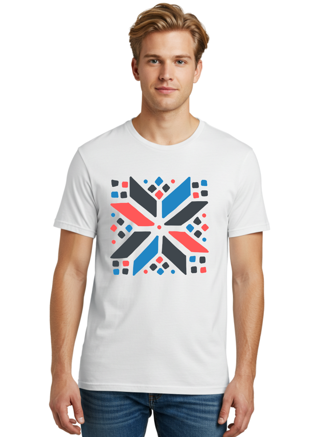 Abstract-Geometric-Pattern Men'S Graphic Tee, 100% Cotton, Comfortable Casual Summer Wear, Machine Washable, Geometric Shapes, Symmetrical Design, Abstract Art, Vibrant Colors, Red, Blue, Black, Bold Graphics, Modern Design, Dynamic Pattern, Aab655 16