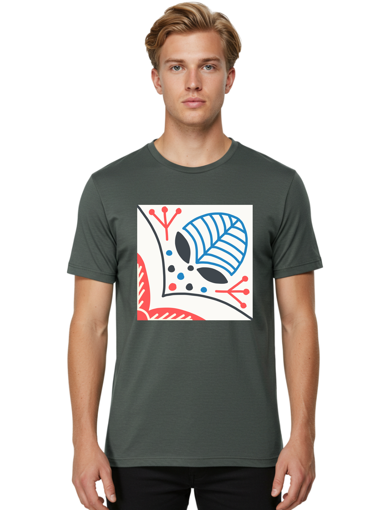 Abstract-Leaf-Design Men'S Graphic Tee, 100% Cotton, Comfortable Casual Summer Wear, Machine Washable, Stylized Leaf, Abstract Design, Modern Art, Floral Pattern, Red And Blue Accents, Black Outlines, White Background, Minimalist Decor, Aab656 24