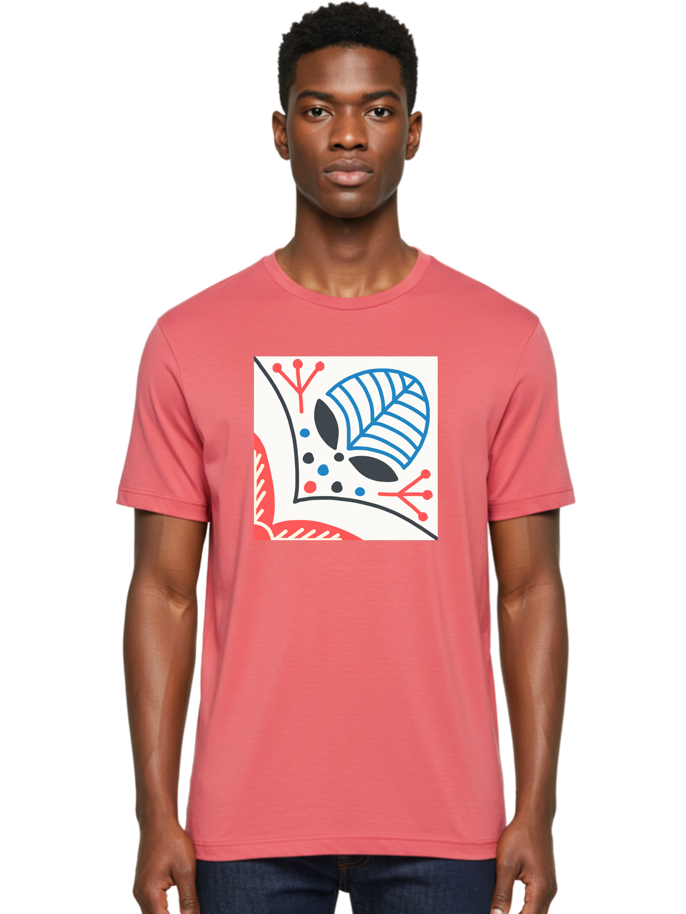 Abstract-Leaf-Design Men'S Graphic Tee, 100% Cotton, Comfortable Casual Summer Wear, Machine Washable, Stylized Leaf, Abstract Design, Modern Art, Floral Pattern, Red And Blue Accents, Black Outlines, White Background, Minimalist Decor, Aab656 16