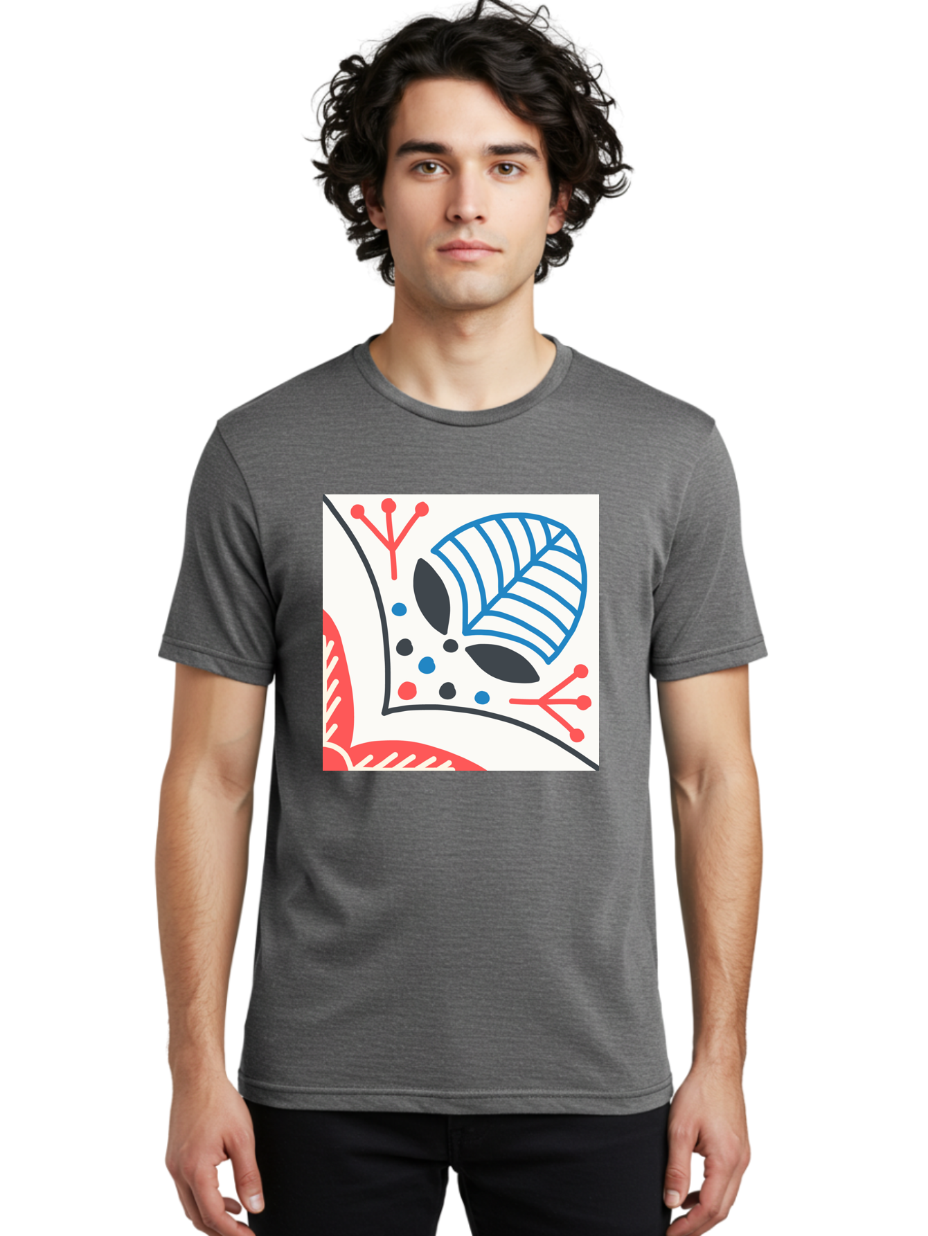 Abstract-Leaf-Design Men'S Graphic Tee, 100% Cotton, Comfortable Casual Summer Wear, Machine Washable, Stylized Leaf, Abstract Design, Modern Art, Floral Pattern, Red And Blue Accents, Black Outlines, White Background, Minimalist Decor, Aab656 8