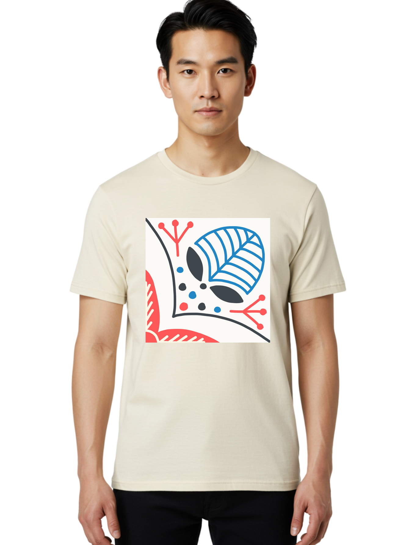 Abstract-Leaf-Design Men'S Graphic Tee, 100% Cotton, Comfortable Casual Summer Wear, Machine Washable, Stylized Leaf, Abstract Design, Modern Art, Floral Pattern, Red And Blue Accents, Black Outlines, White Background, Minimalist Decor, Aab656 12