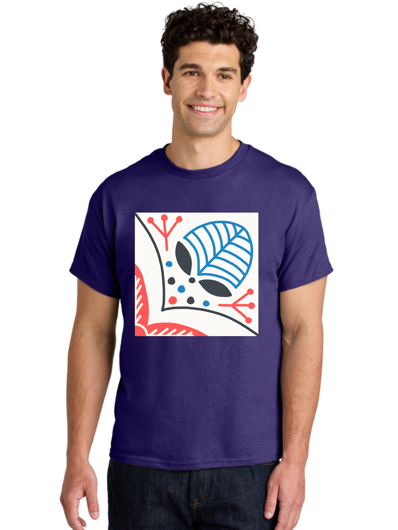 Abstract-Leaf-Design Men'S Graphic Tee, 100% Cotton, Comfortable Casual Summer Wear, Machine Washable, Stylized Leaf, Abstract Design, Modern Art, Floral Pattern, Red And Blue Accents, Black Outlines, White Background, Minimalist Decor, Aab656 20