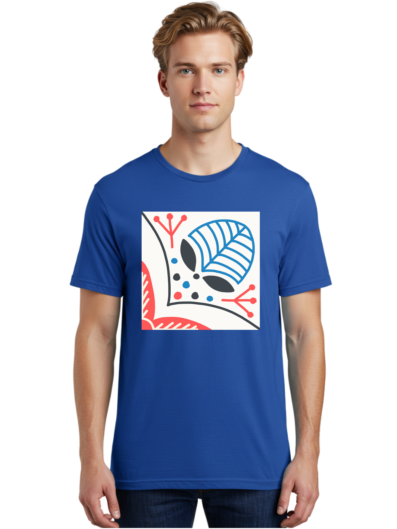 Abstract-Leaf-Design Men'S Graphic Tee, 100% Cotton, Comfortable Casual Summer Wear, Machine Washable, Stylized Leaf, Abstract Design, Modern Art, Floral Pattern, Red And Blue Accents, Black Outlines, White Background, Minimalist Decor, Aab656 28