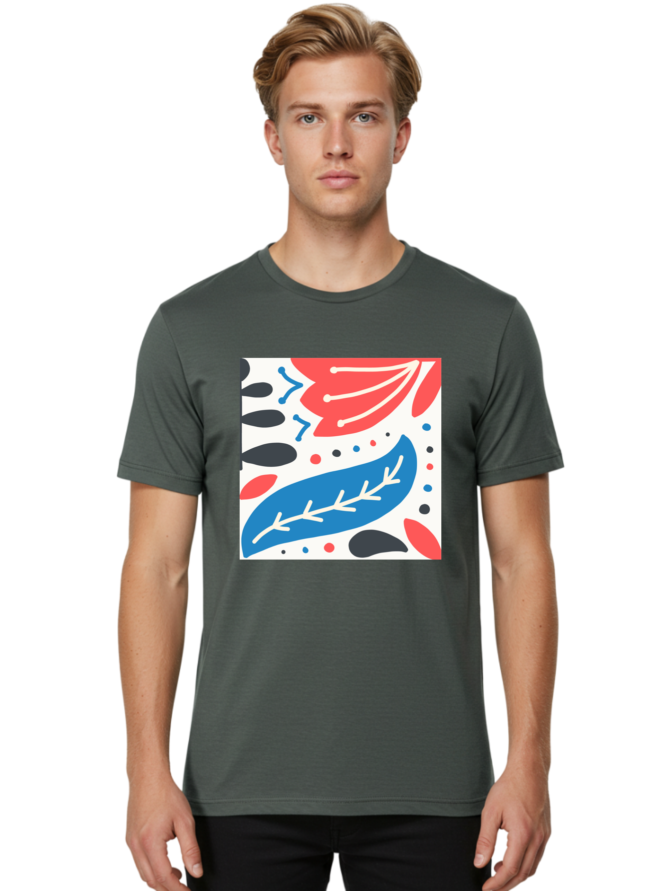 Abstract-Leaves-1 Men'S Graphic Tee, 100% Cotton, Comfortable Casual Summer Wear, Machine Washable, Abstract Leaf Pattern, Modern Design, Colorful Shapes, Red And Blue Leaves, Black Ovals, Scattered Dots, Artistic Expression, Creative Design, Aab657 6