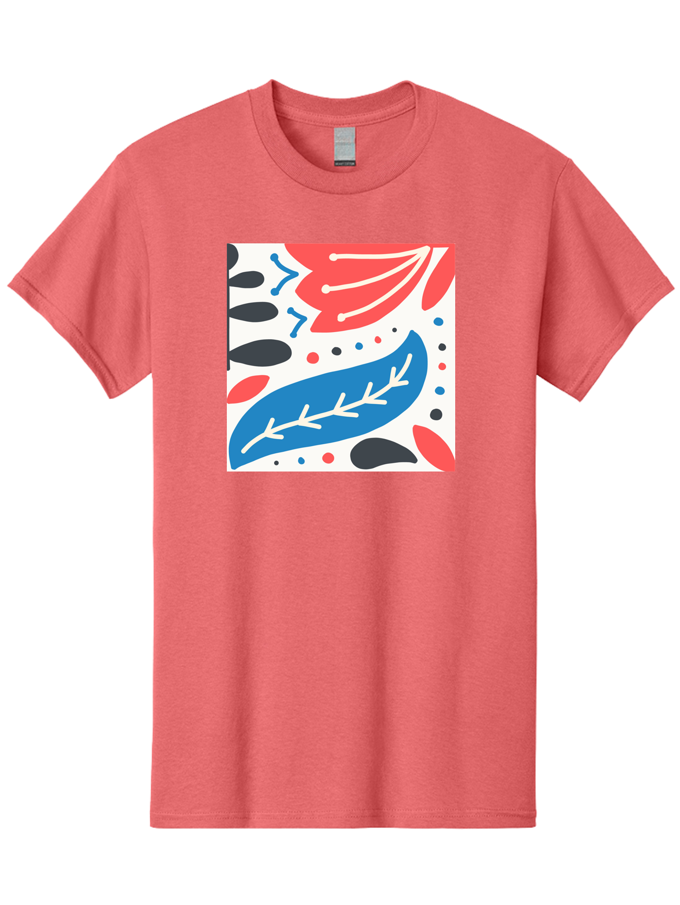 Abstract-Leaves-1 Men'S Graphic Tee, 100% Cotton, Comfortable Casual Summer Wear, Machine Washable, Abstract Leaf Pattern, Modern Design, Colorful Shapes, Red And Blue Leaves, Black Ovals, Scattered Dots, Artistic Expression, Creative Design, Aab657 23