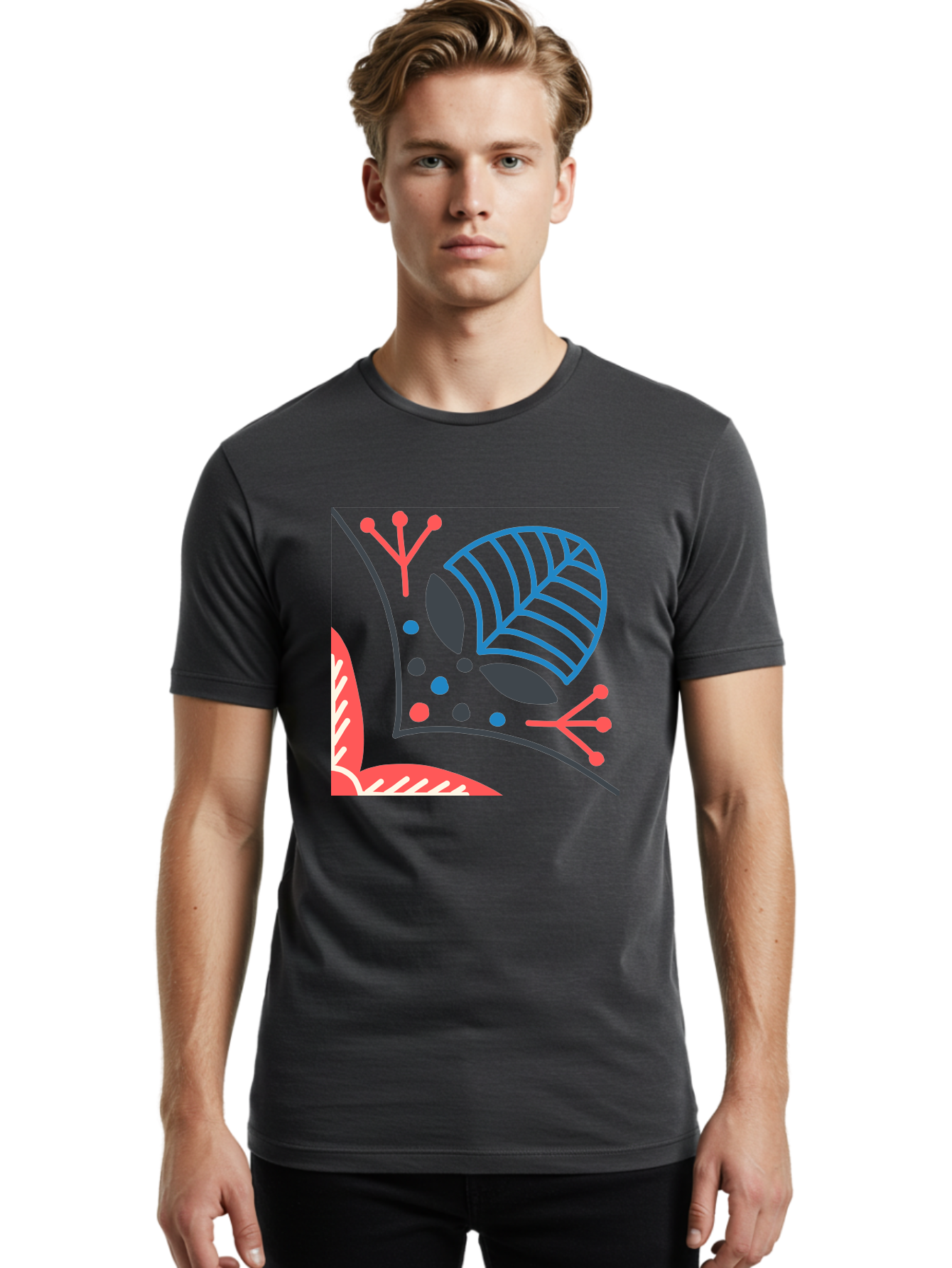 Abstract-Leaves Men'S Graphic Tee, 100% Cotton, Comfortable Casual Summer Wear, Machine Washable, Stylized Leaf, Abstract Foliage, Vibrant Colors, Playful Patterns, Blue Lines, Red Accents, Black Dots, Graphic Design Elements, Modern Art, Aab658 10