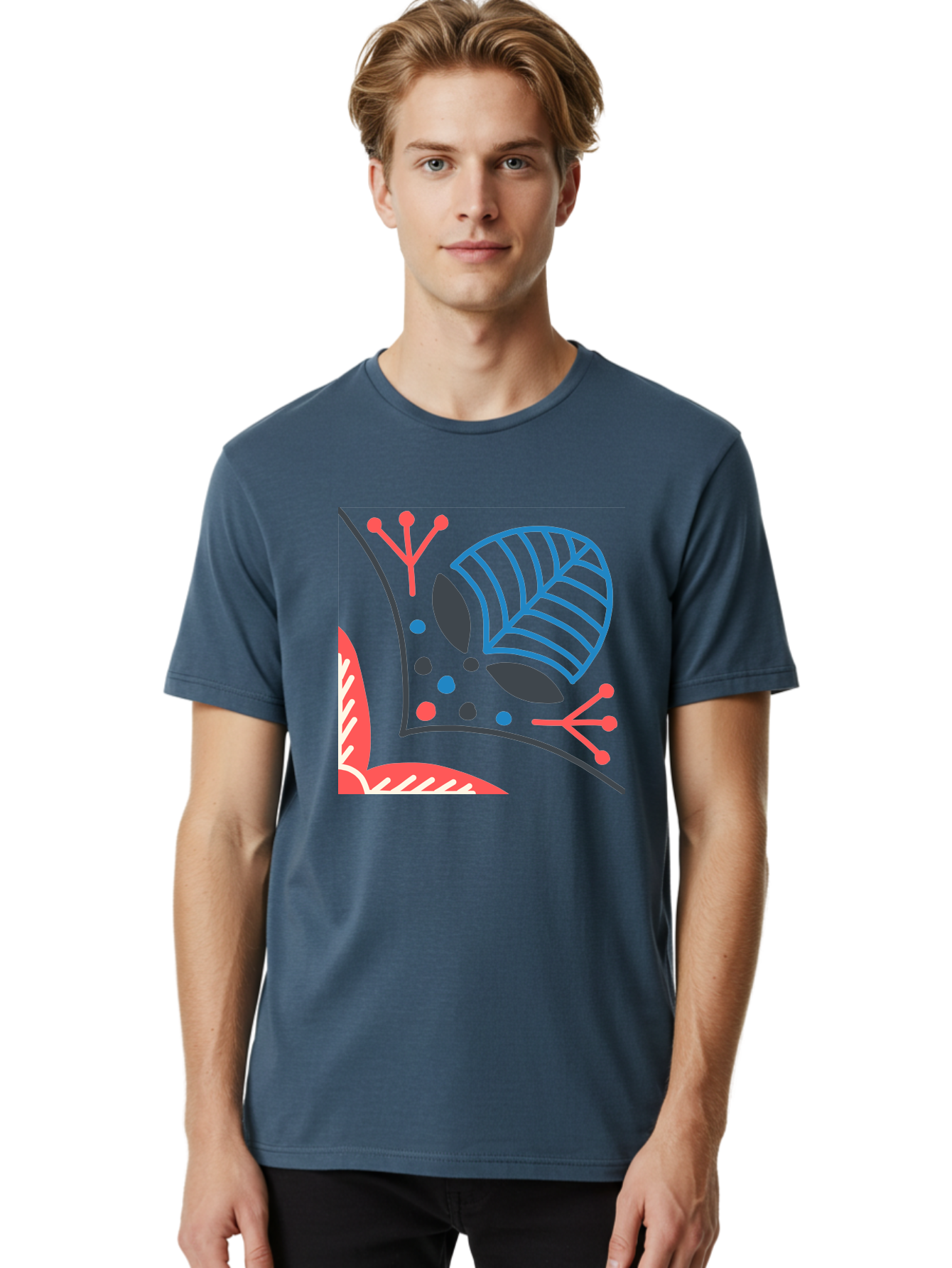 Abstract-Leaves Men'S Graphic Tee, 100% Cotton, Comfortable Casual Summer Wear, Machine Washable, Stylized Leaf, Abstract Foliage, Vibrant Colors, Playful Patterns, Blue Lines, Red Accents, Black Dots, Graphic Design Elements, Modern Art, Aab658 8